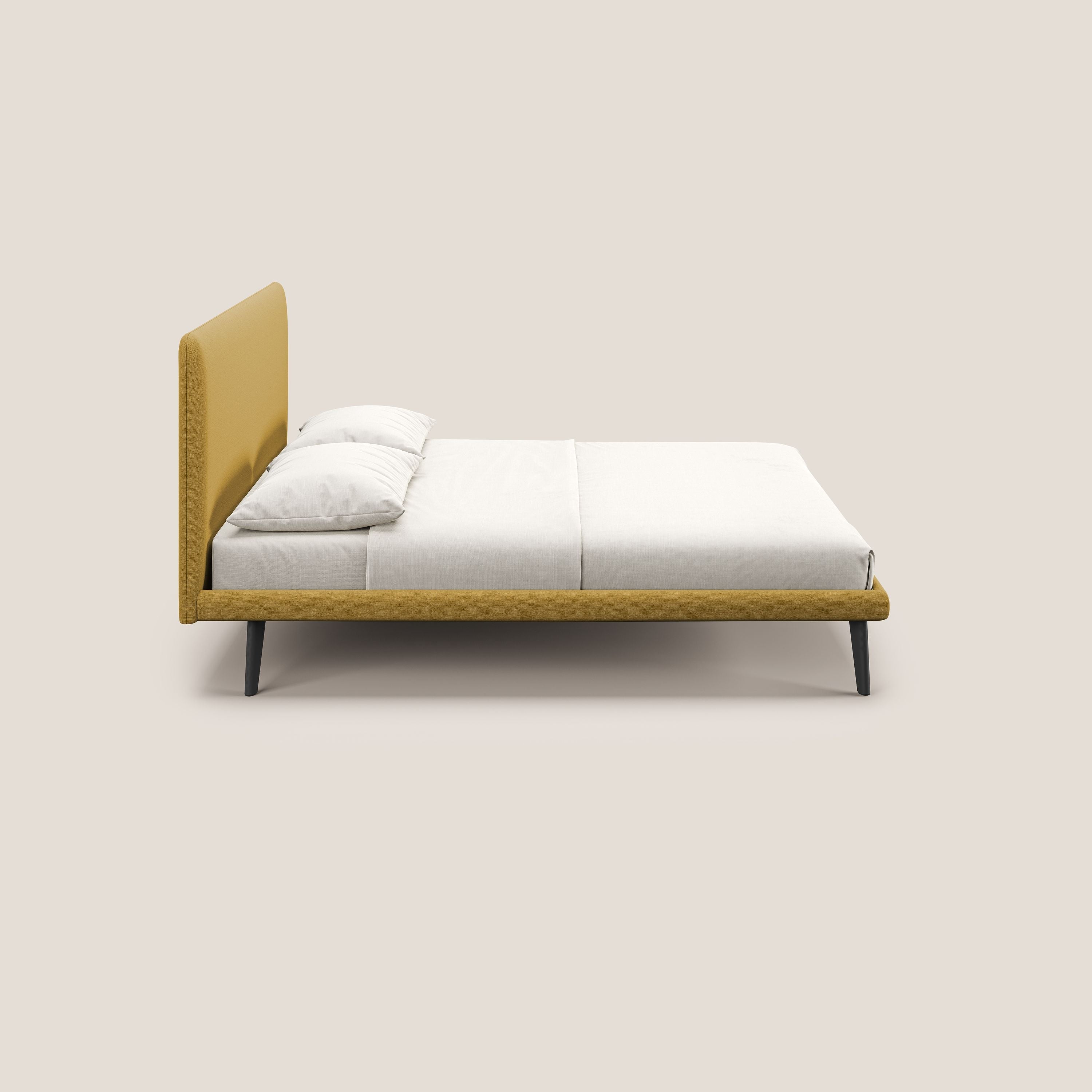 Noel letto minimal scandinavo con piedi in mogano e tessuto fiammato impermeabile T19 giallo - divani.store
