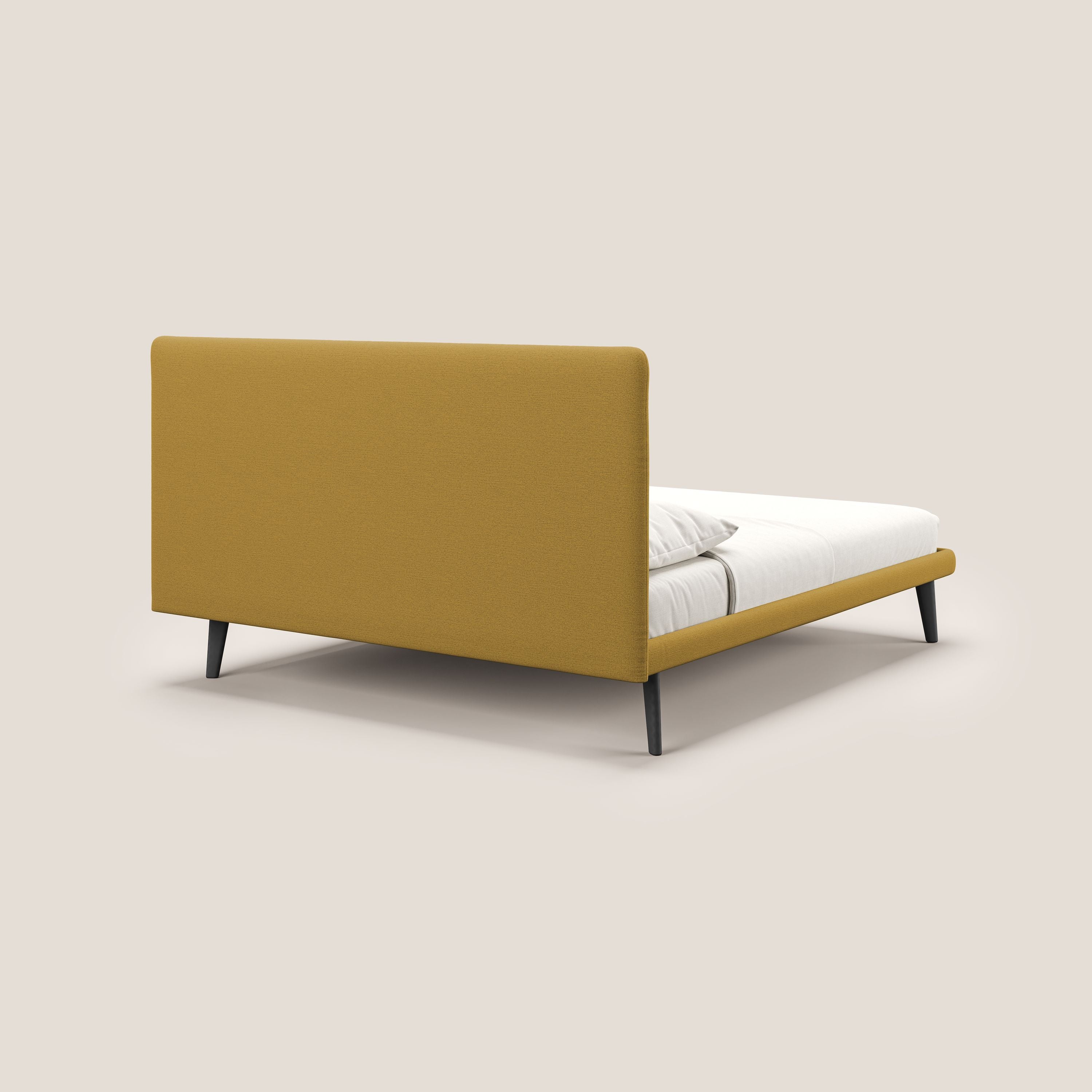 Noel letto minimal scandinavo con piedi in mogano e tessuto fiammato impermeabile T19 giallo - divani.store