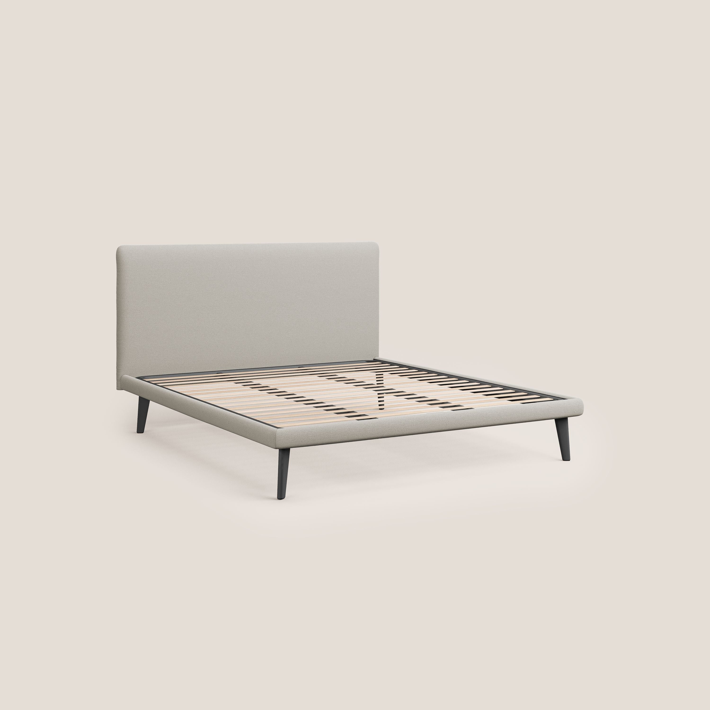 Noel letto minimal scandinavo con piedi in mogano e tessuto fiammato impermeabile T19 panna - divani.store