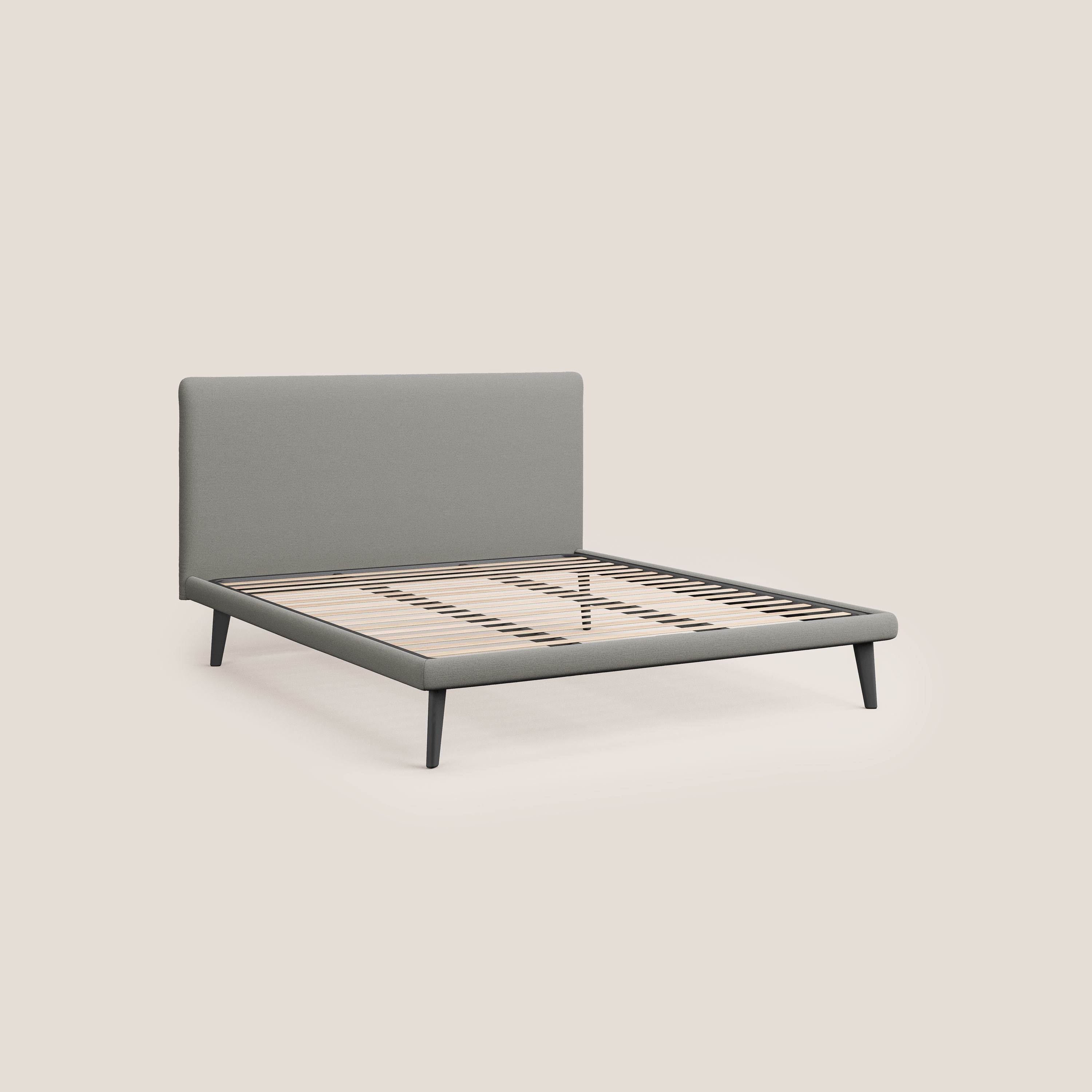 Noel letto minimal scandinavo con piedi in mogano e tessuto fiammato impermeabile T19 beige - divani.store