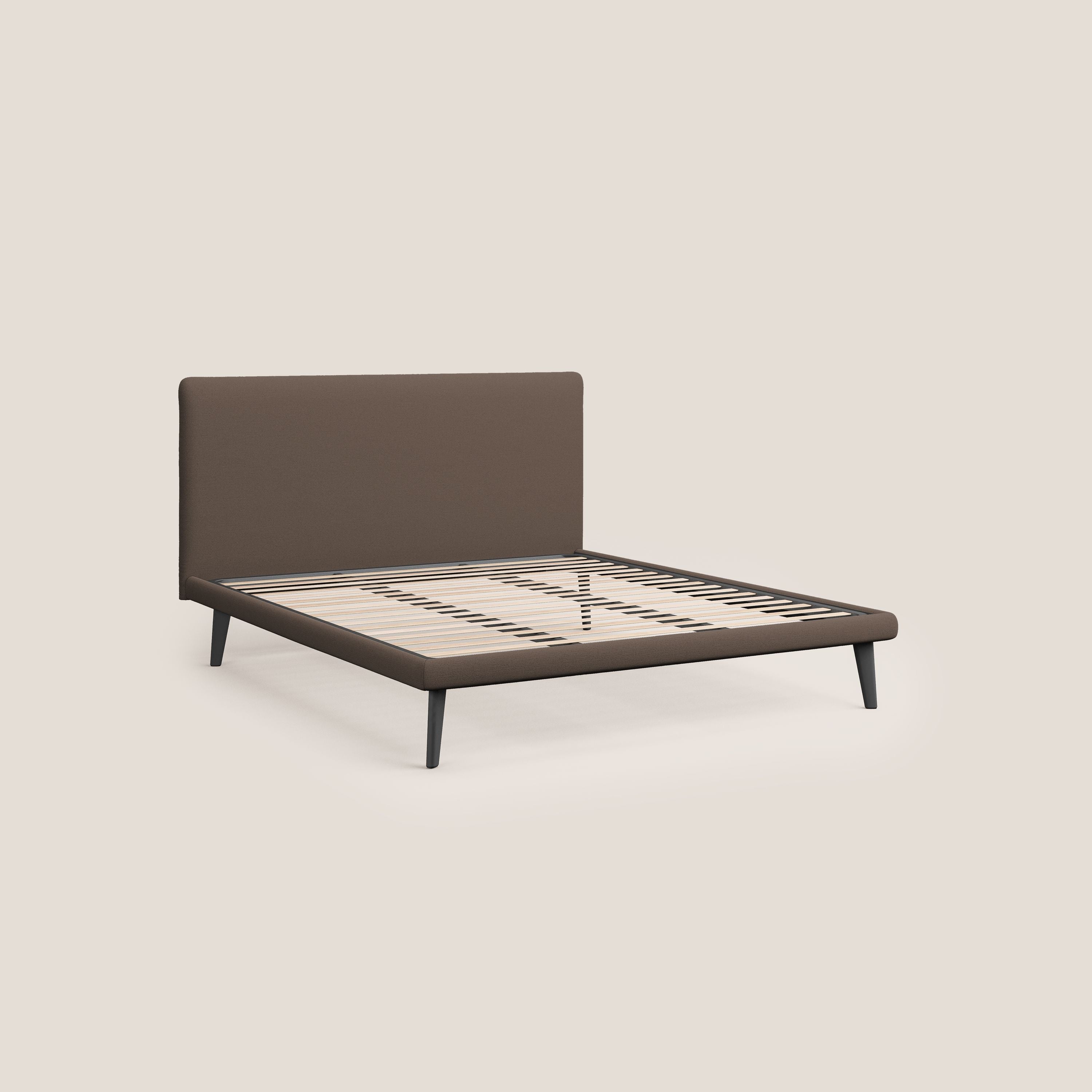 Noel letto minimal scandinavo con piedi in mogano e tessuto fiammato impermeabile T19 marrone - divani.store