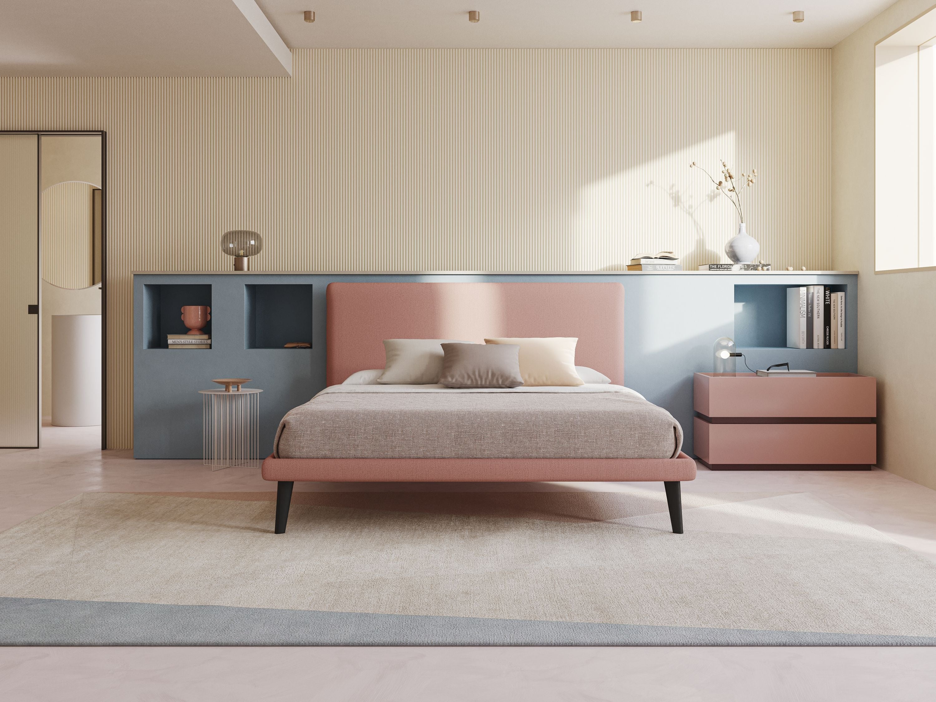 Noel letto minimal scandinavo con piedi in mogano e tessuto fiammato impermeabile T19 salmone - divani.store