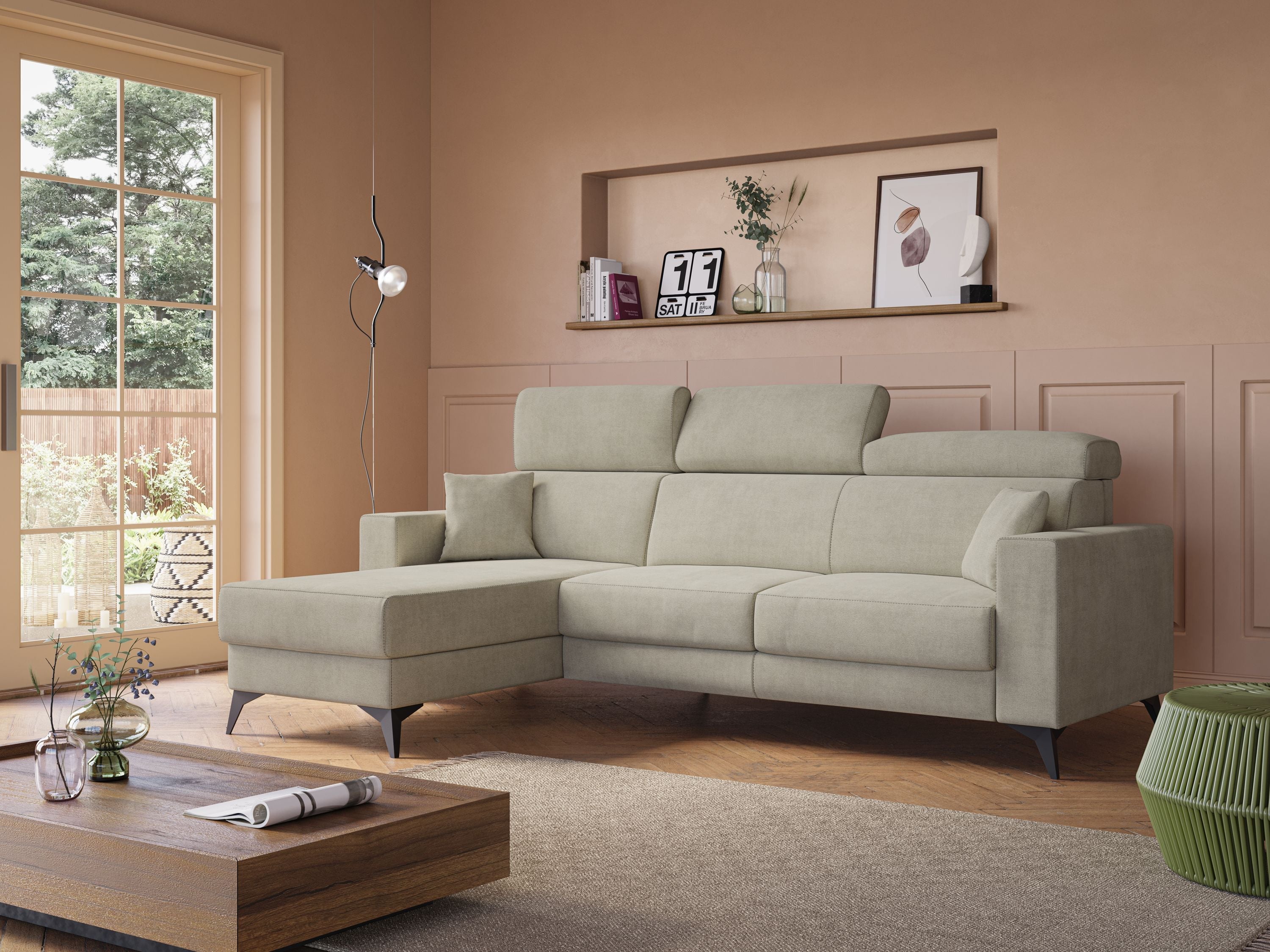 Shop online Pegaso divano letto angolare con poggiatesta reclinabili e rivestimento impermeabile T02 rosa - divani.store