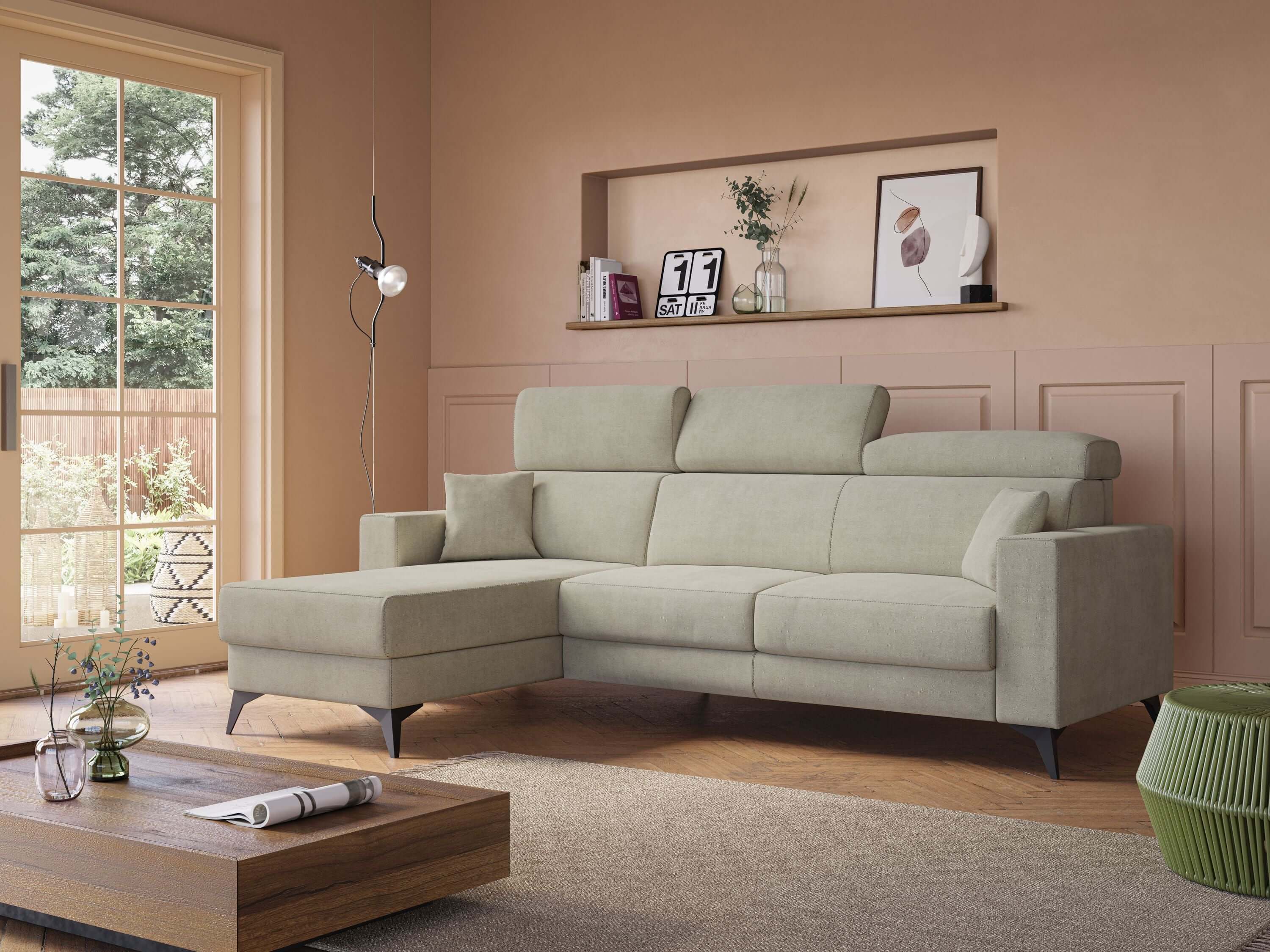 Shop online Pegaso divano letto angolare con poggiatesta reclinabili e rivestimento impermeabile T02 rosa - divani.store