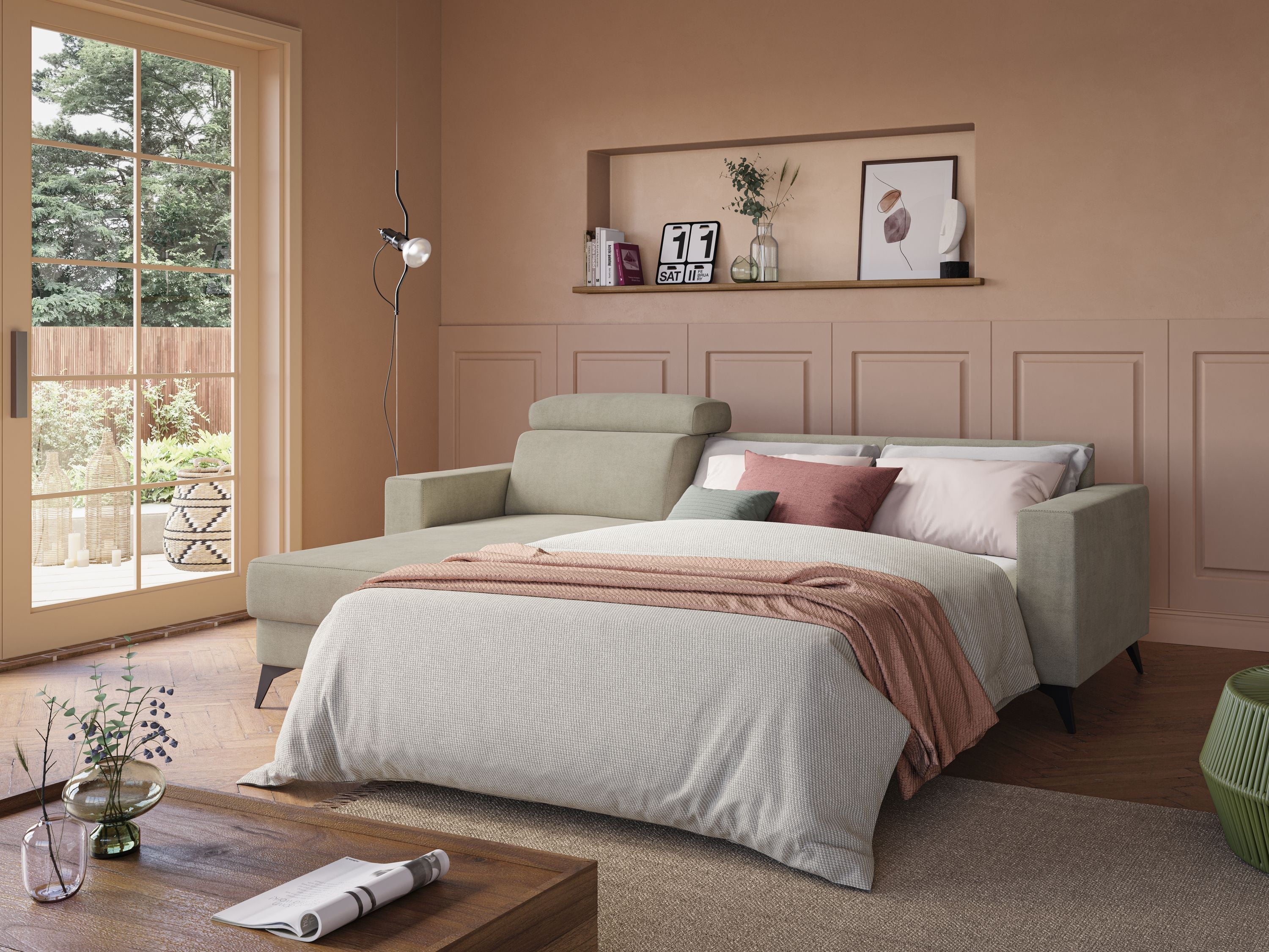 Pegaso divano letto angolare con poggiatesta reclinabili e rivestimento impermeabile T02 panna - divani.store