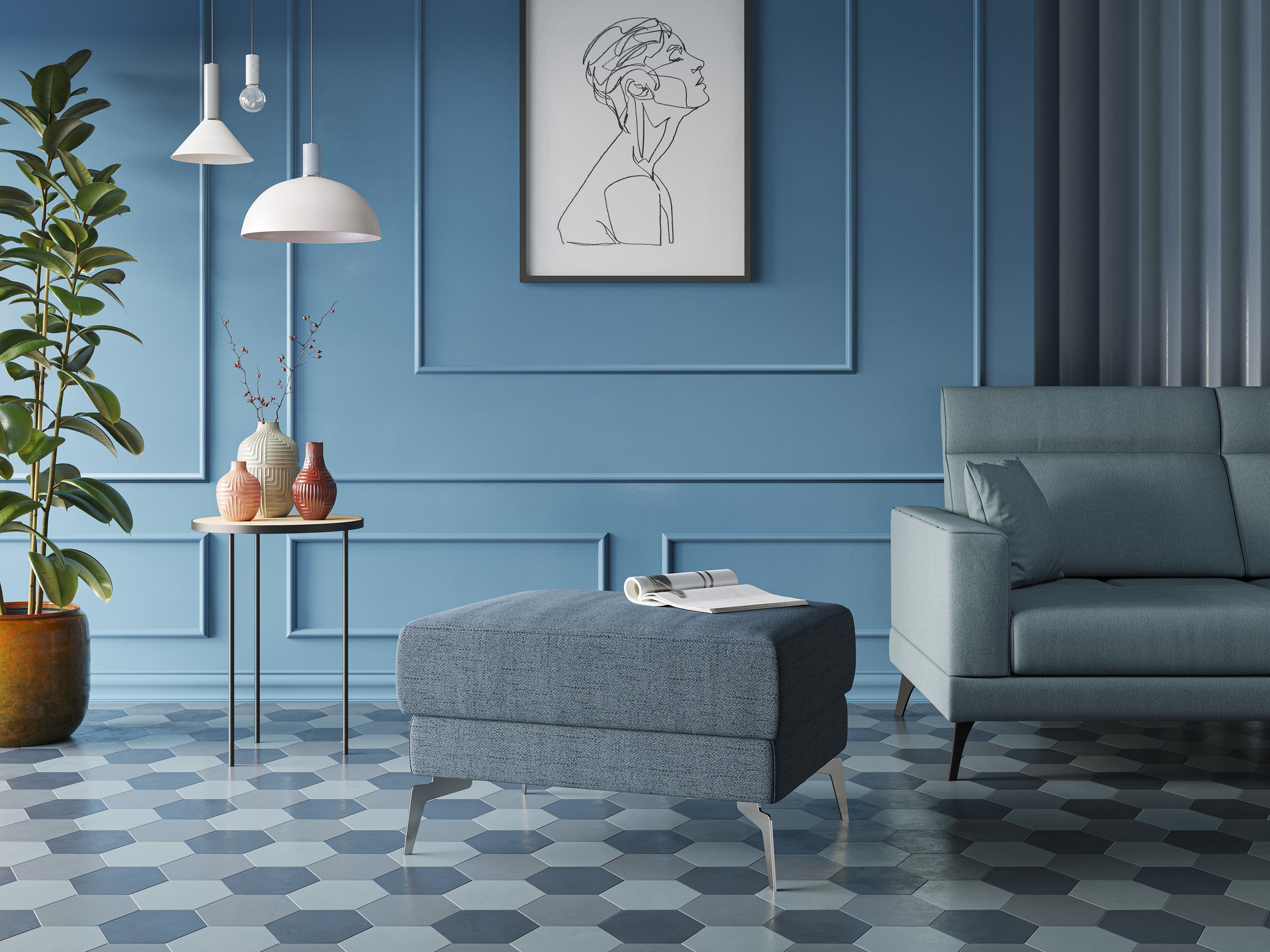 Star Pouf con piedini alti in tessuto impermeabile fiammato T03 azzurro - divani.store