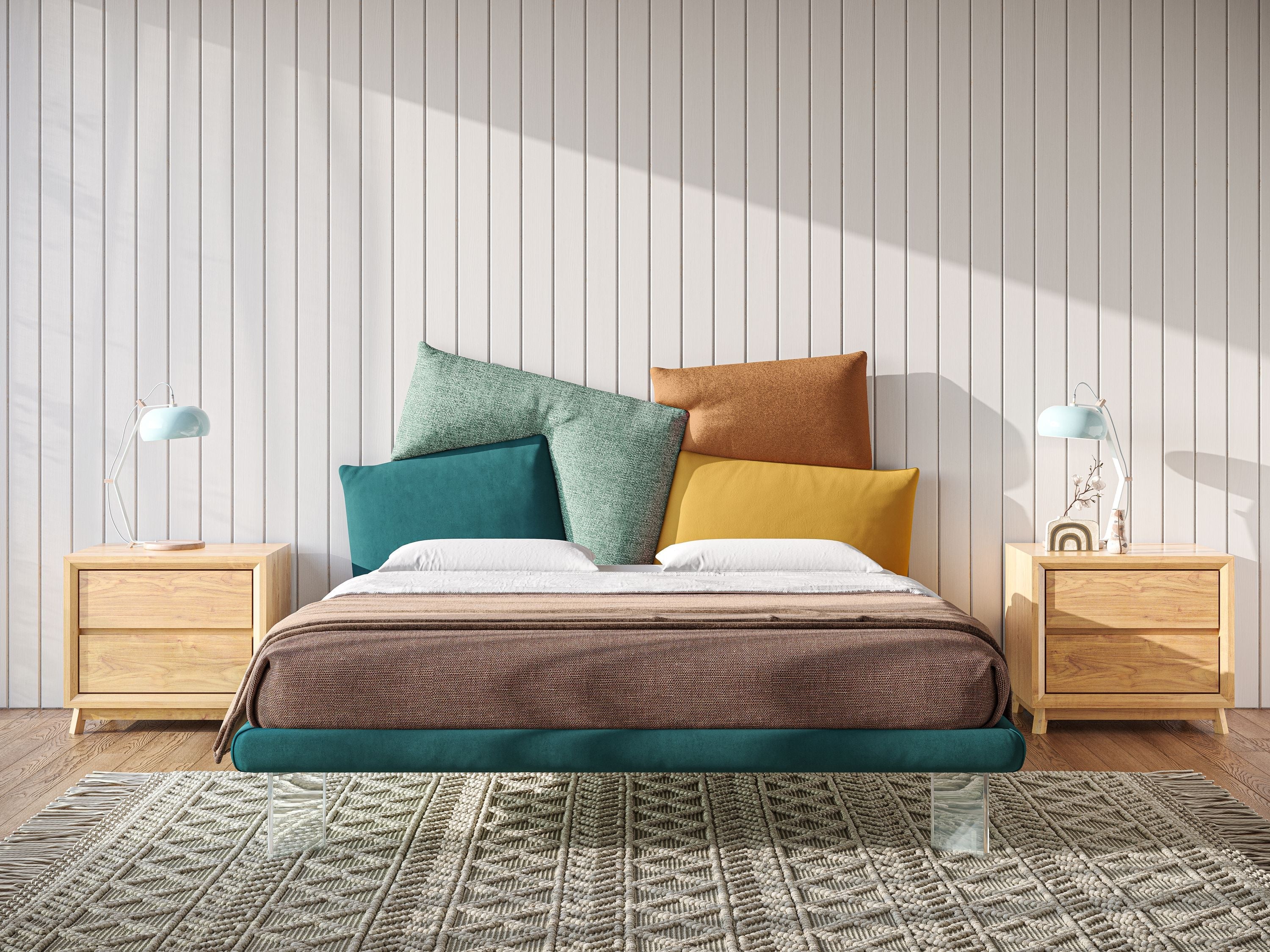 Rebus letto imbottito dal design moderno con piedi trasparenti in plexiglass petrolio - divani.store