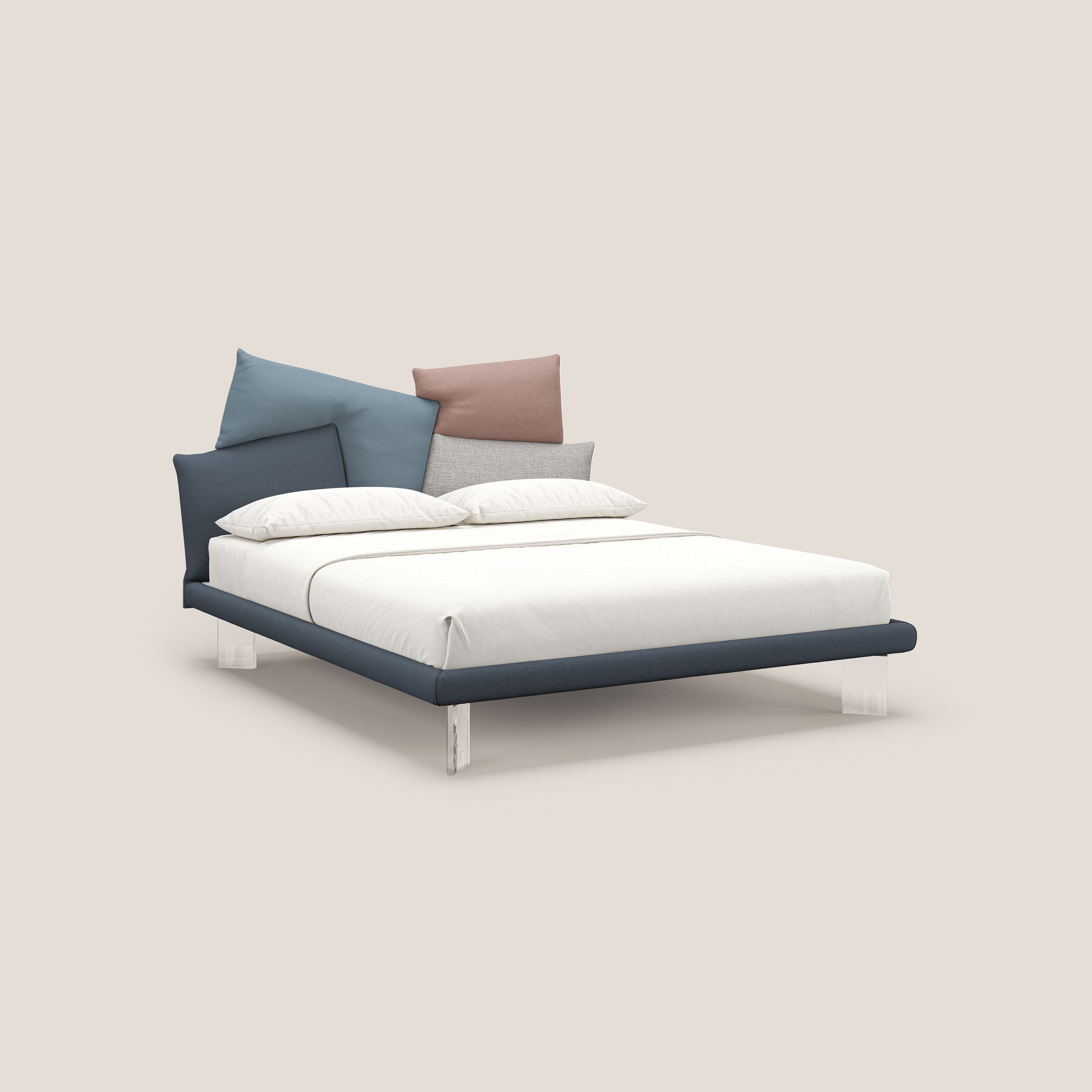 Rebus letto imbottito dal design moderno con piedi trasparenti in plexiglass blu - divani.store