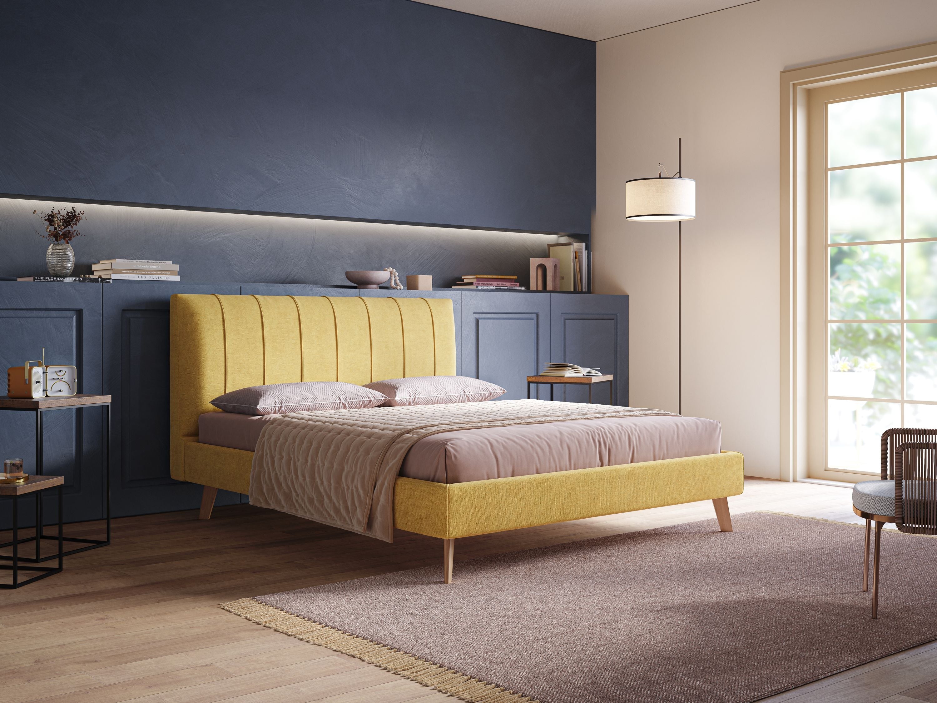 Selene letto imbottito con piedini naturali sfoderabile in tessuto impermeabile T02 giallo - divani.store