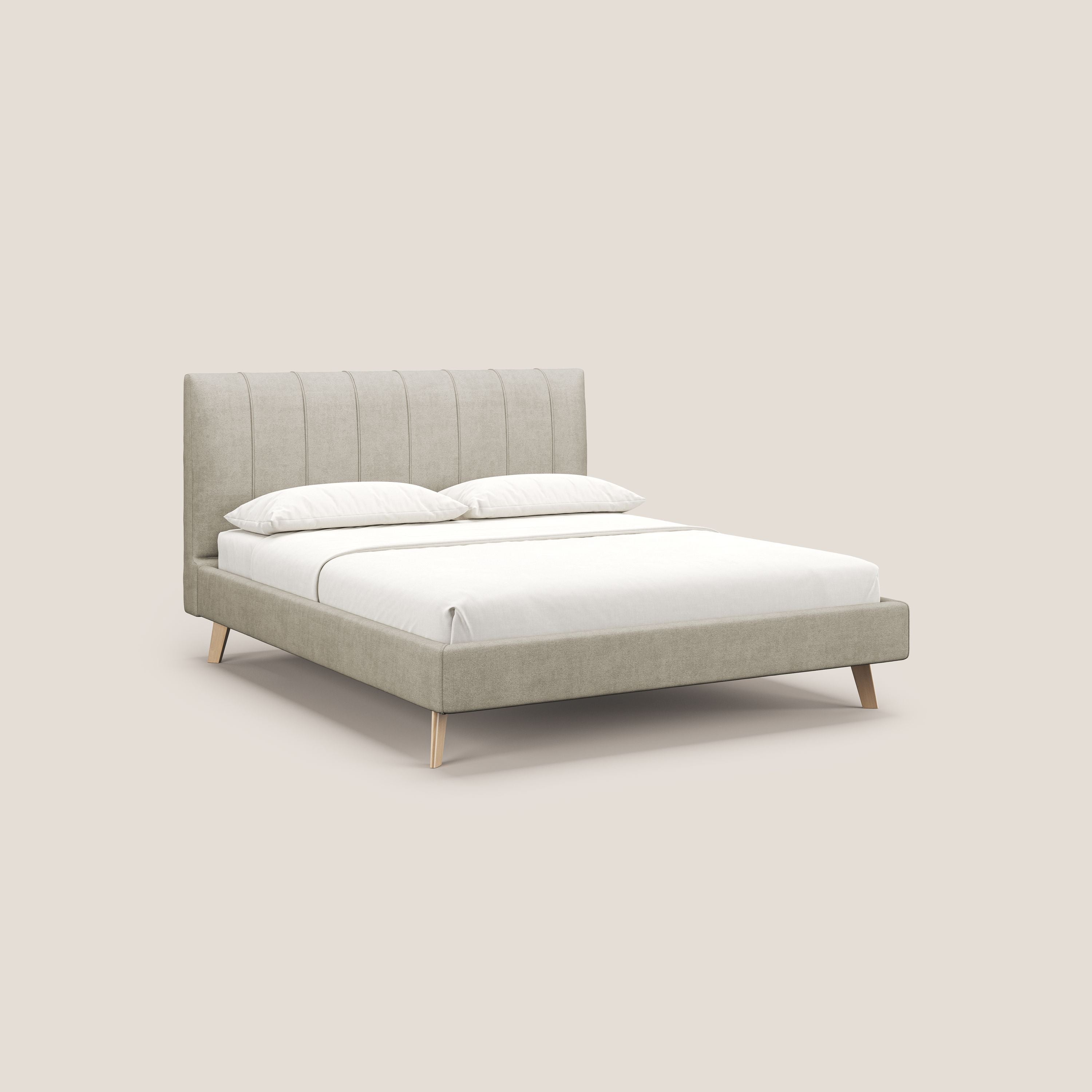 Selene letto imbottito con piedini naturali sfoderabile in tessuto impermeabile T02 panna - divani.store