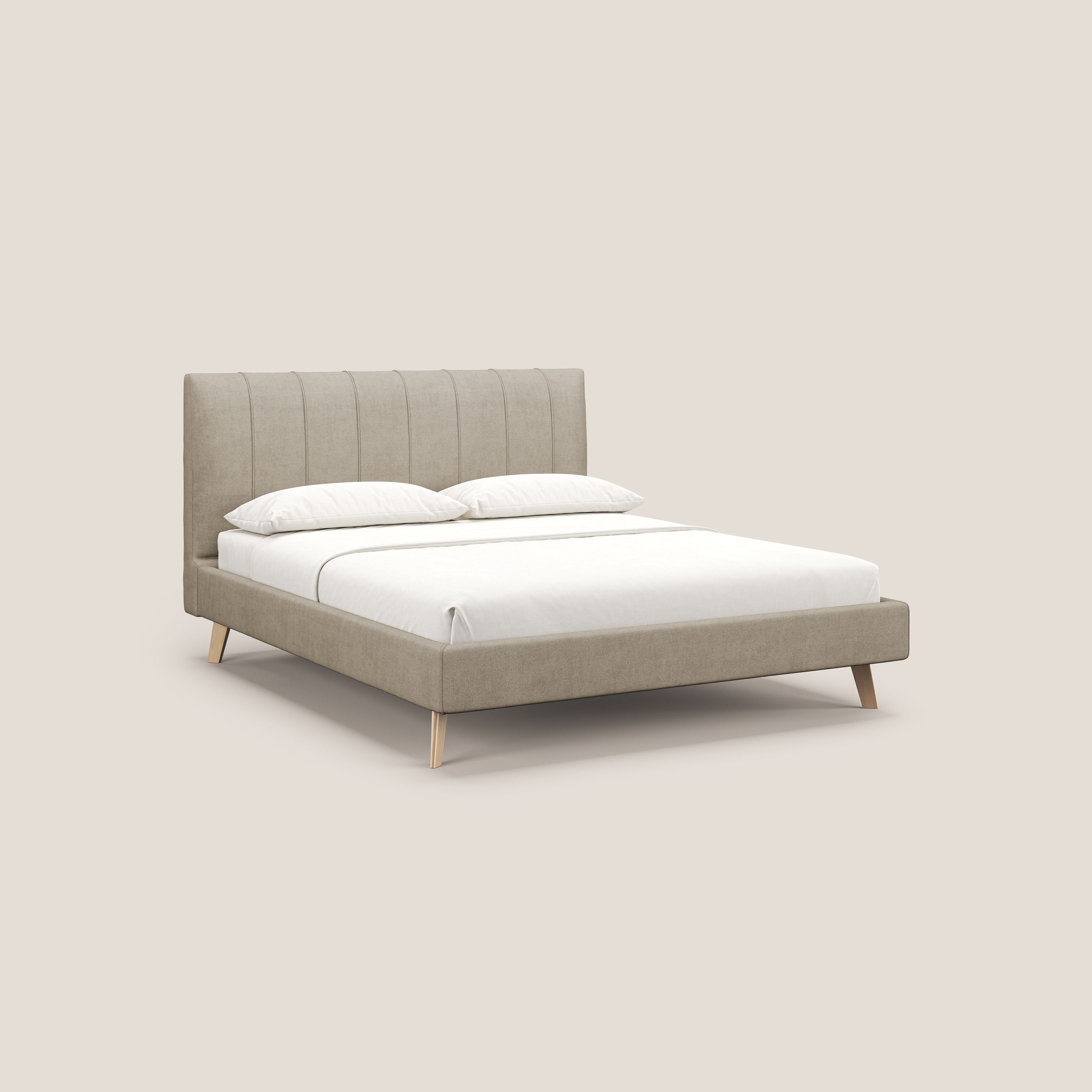 Selene letto imbottito con piedini naturali sfoderabile in tessuto impermeabile T02 beige - divani.store