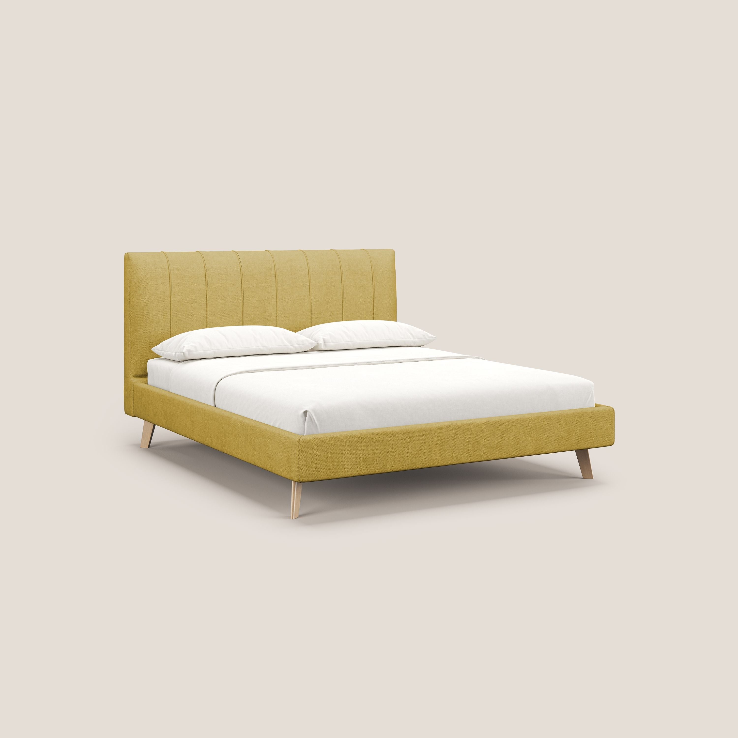 Selene letto imbottito con piedini naturali sfoderabile in tessuto impermeabile T02 giallo - divani.store