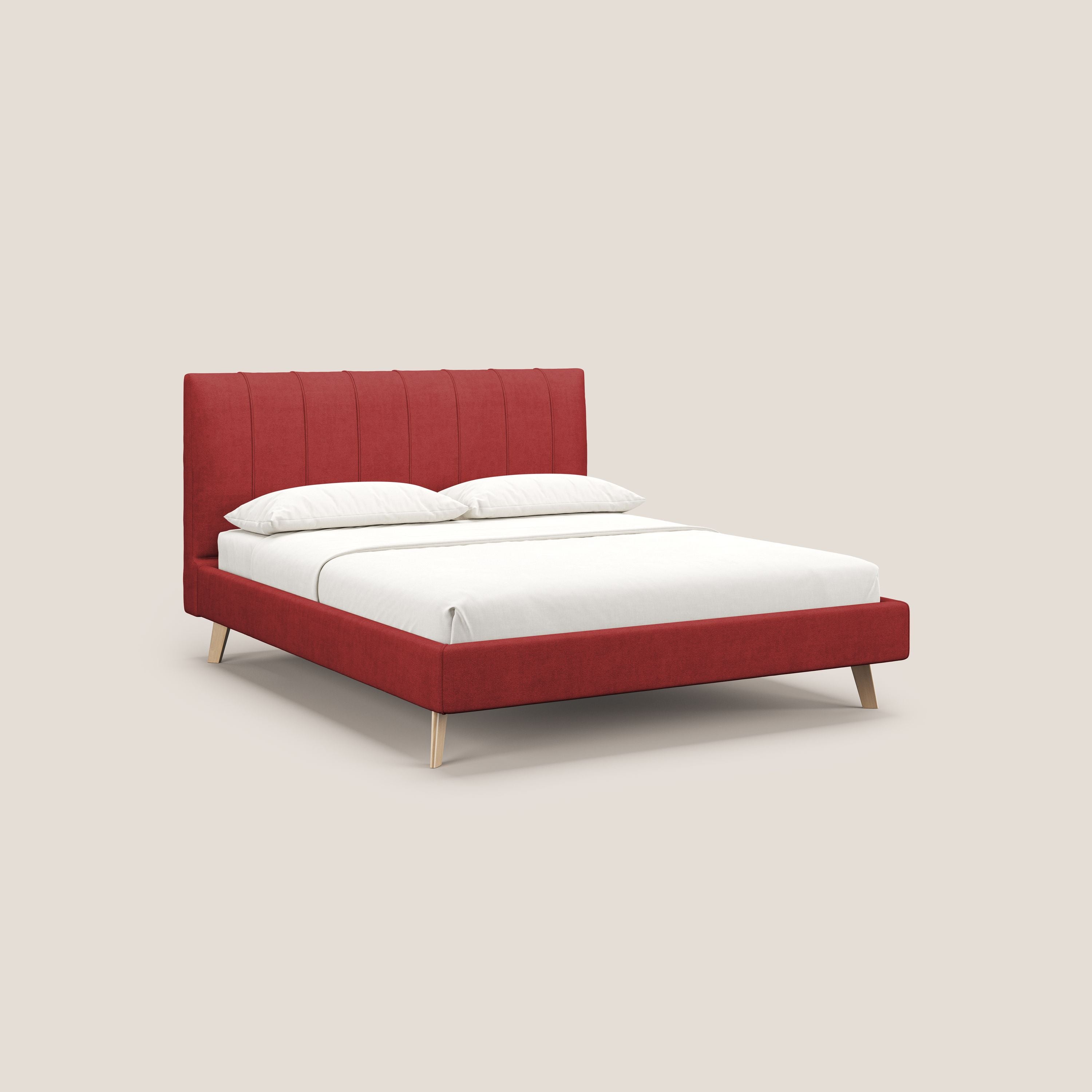 Selene letto imbottito con piedini naturali sfoderabile in tessuto impermeabile T02 rosso - divani.store