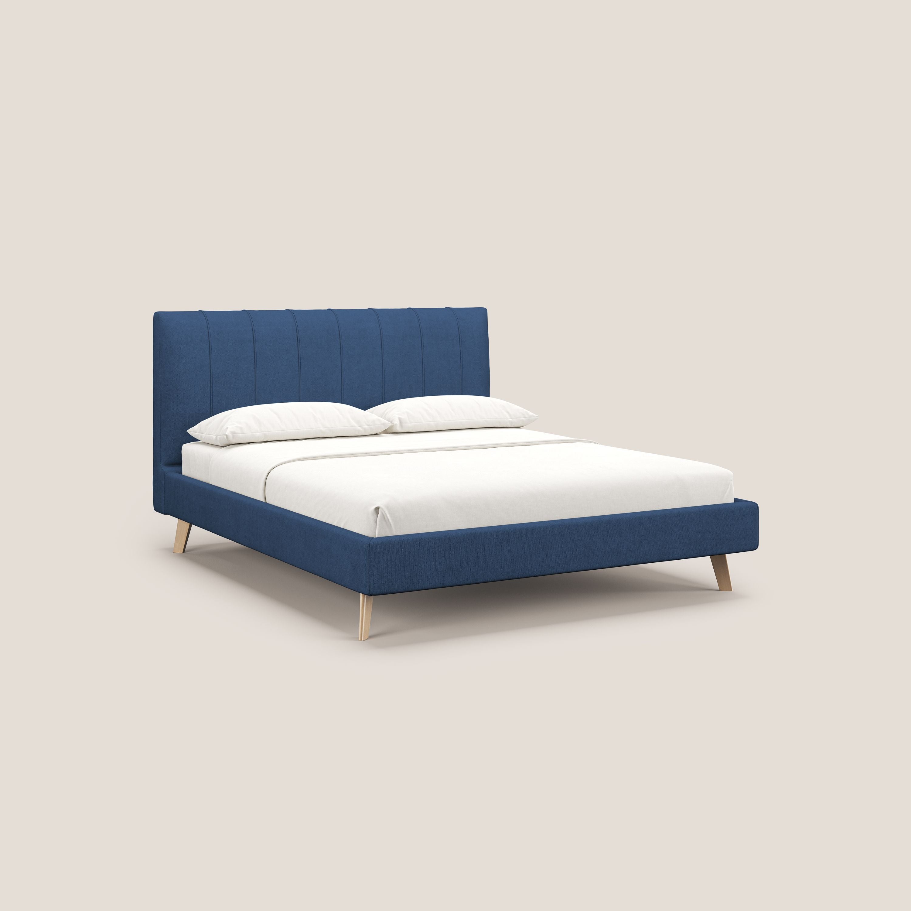 Selene letto imbottito con piedini naturali sfoderabile in tessuto impermeabile T02 blu - divani.store