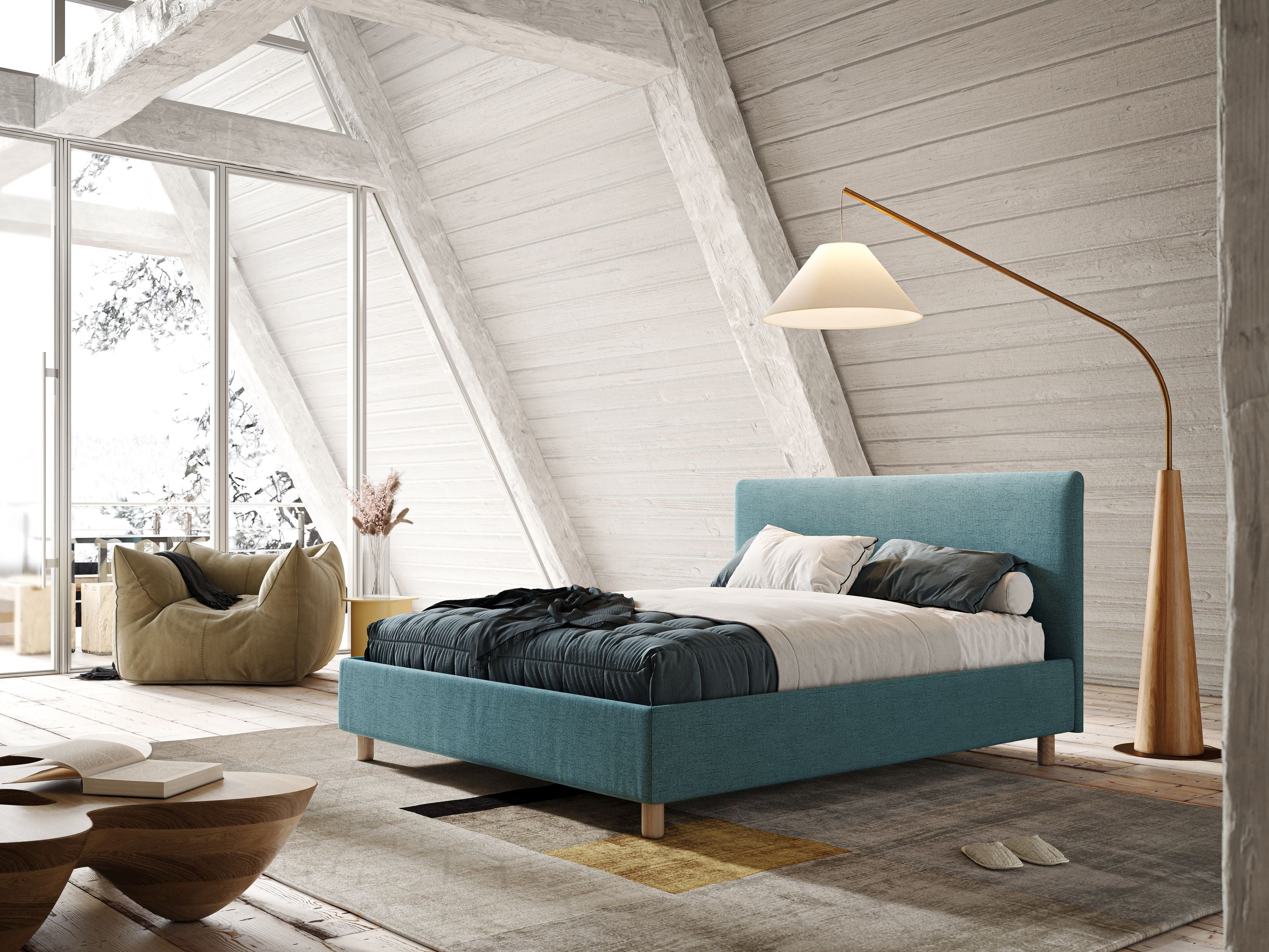 Serena letto contenitore salvaspazio scandinavo in tessuto fiammato impermeabile T03 azzurro - divani.store