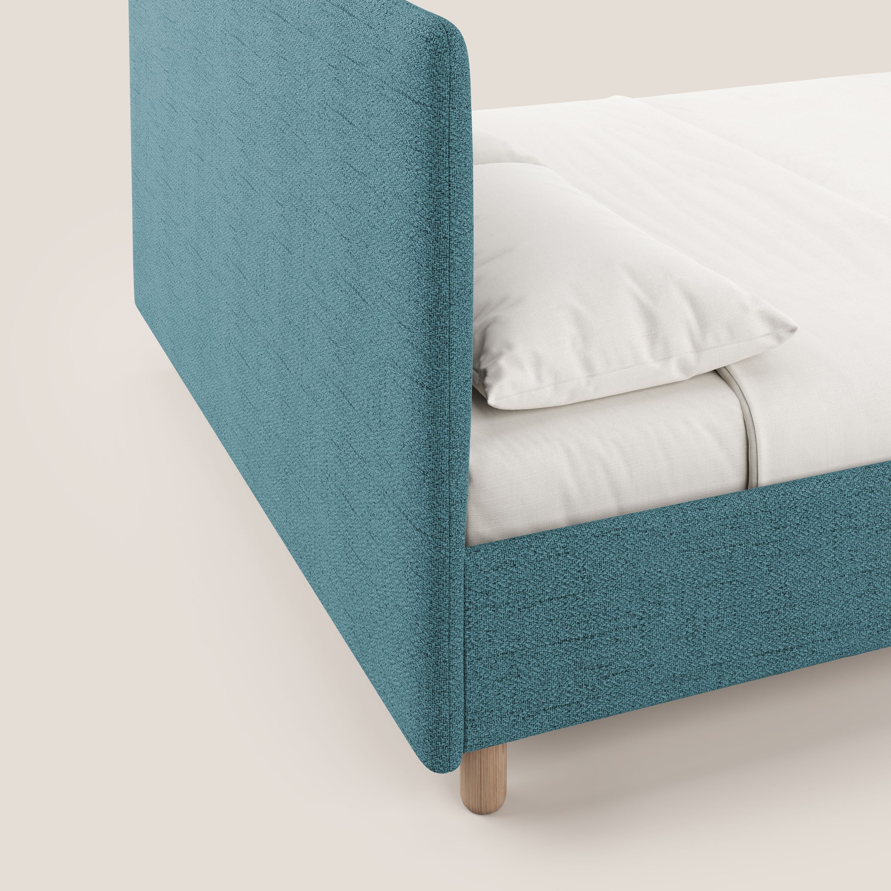 Serena letto contenitore salvaspazio scandinavo in tessuto fiammato impermeabile T03 azzurro - divani.store