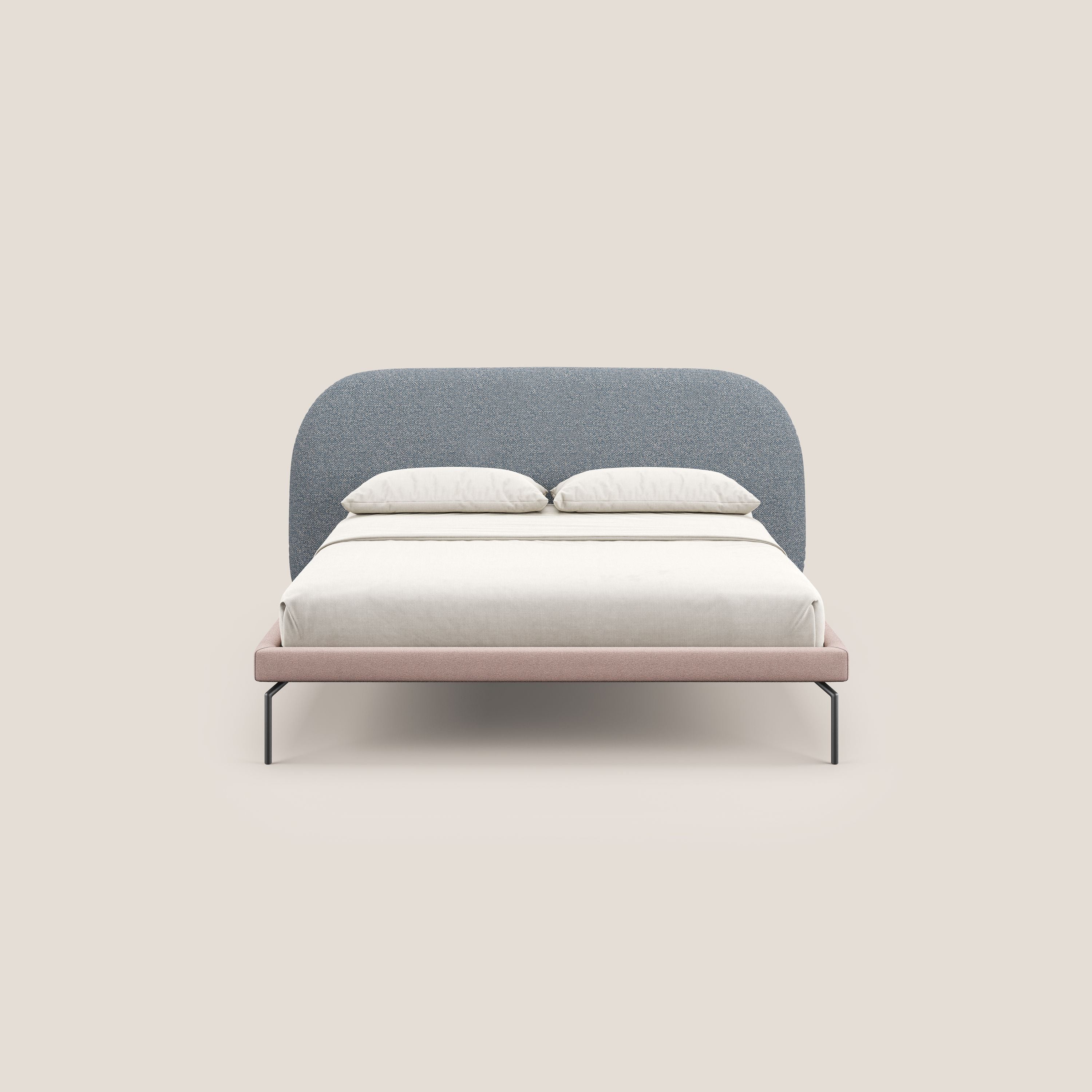 Soleil letto imbottito di design con piedi alti in metallo in bouclet smacchiabile T12 blu - divani.store