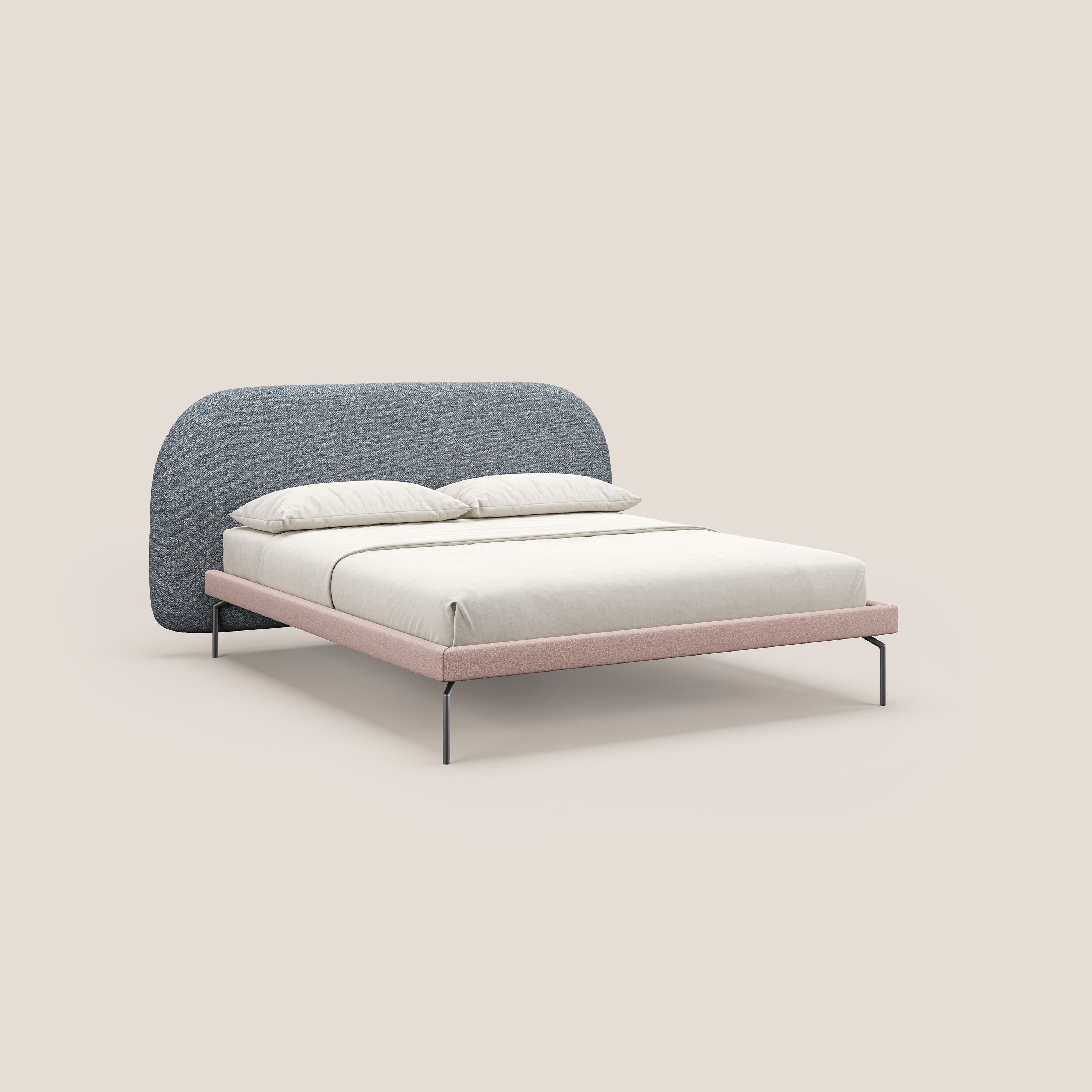 Soleil letto imbottito di design con piedi alti in metallo in bouclet smacchiabile T12 blu - divani.store