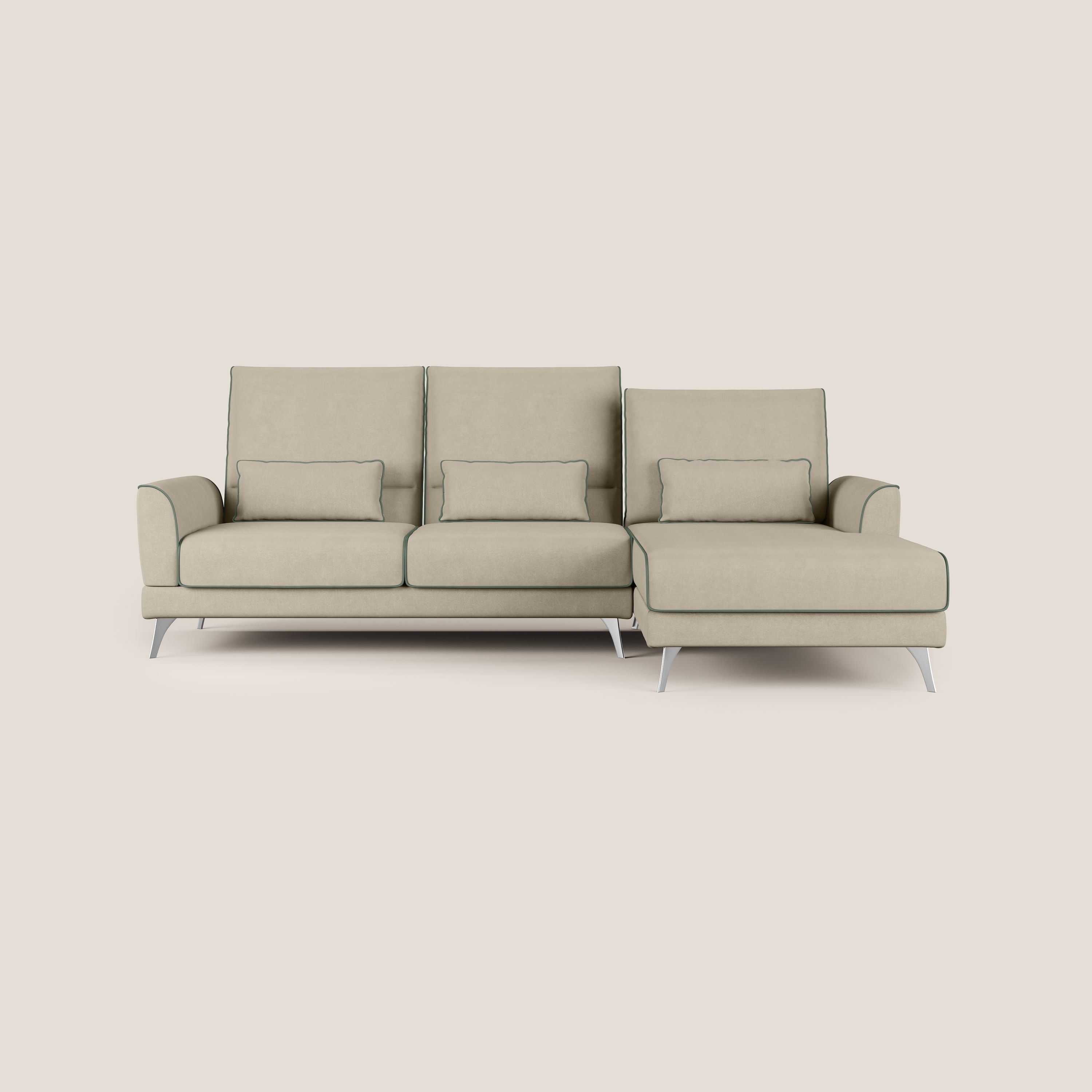 Tommy Divano angolare bicolore con relax e schienali traslanti in microfibra smacchiabile T11 tortora - verde - divani.store