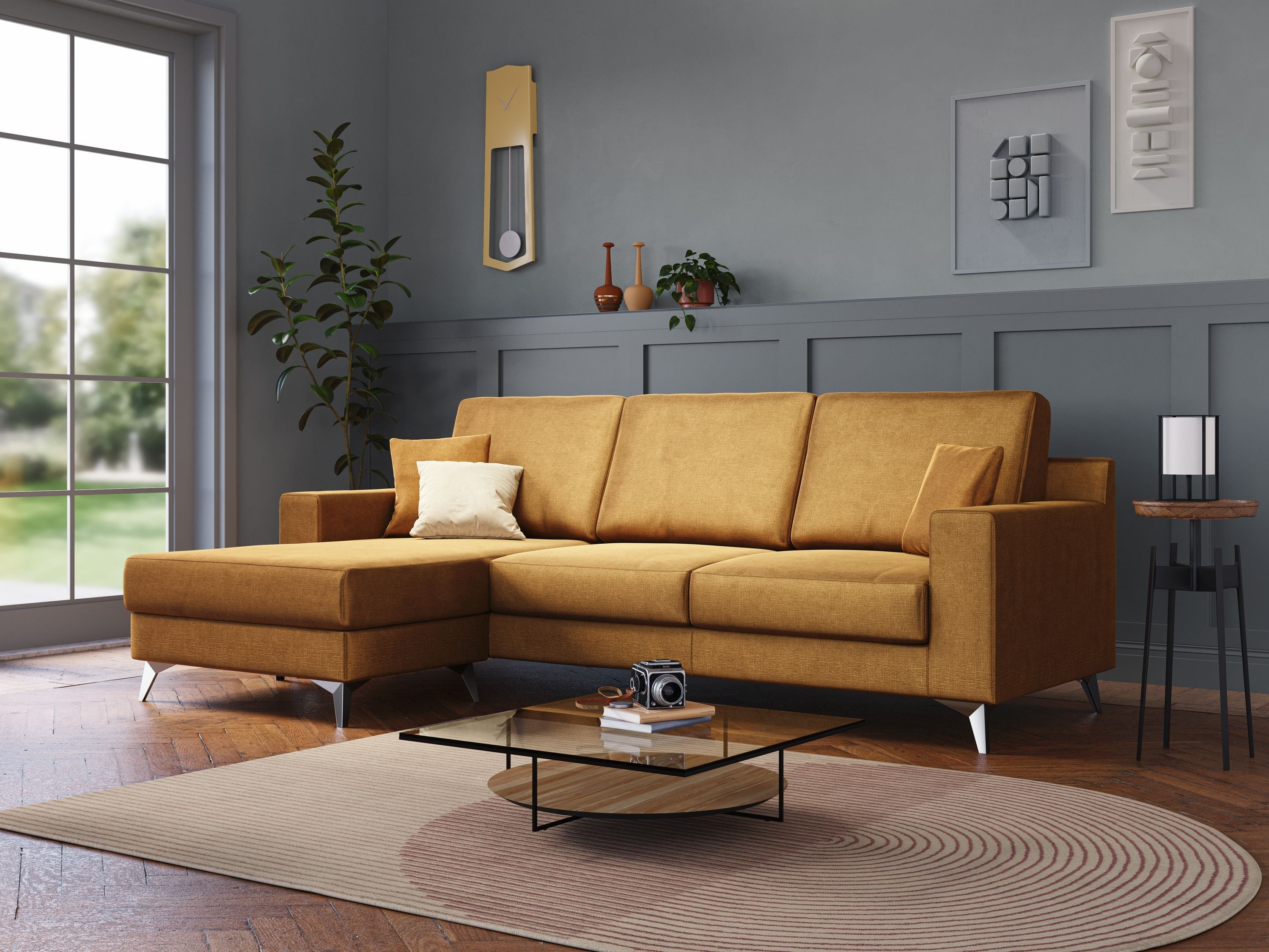 Michael divano moderno angolare con penisola in morbido velluto impermeabile T01 oro - divani.store