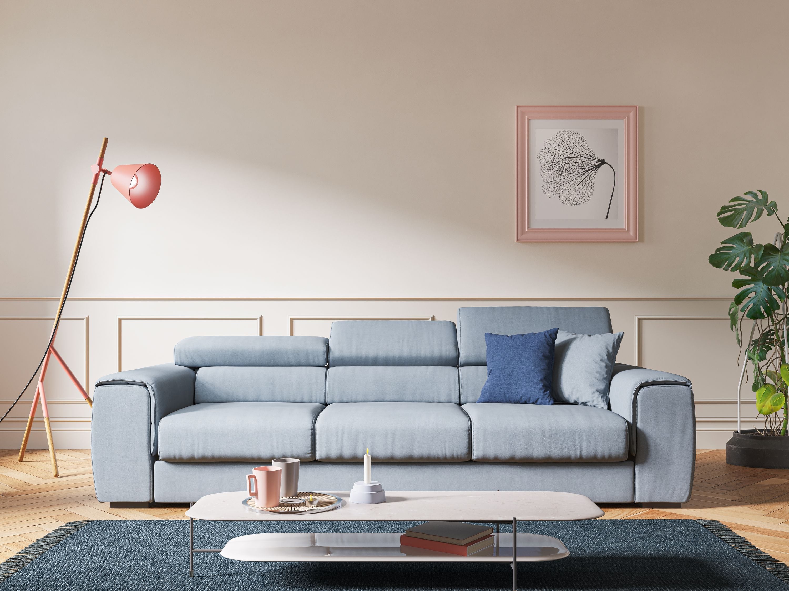 Zeno Divano con pouf estraibile poggiapiedi a 3 sedute in tessuto morbido impermeabile T02 carta da zucchero - divani.store