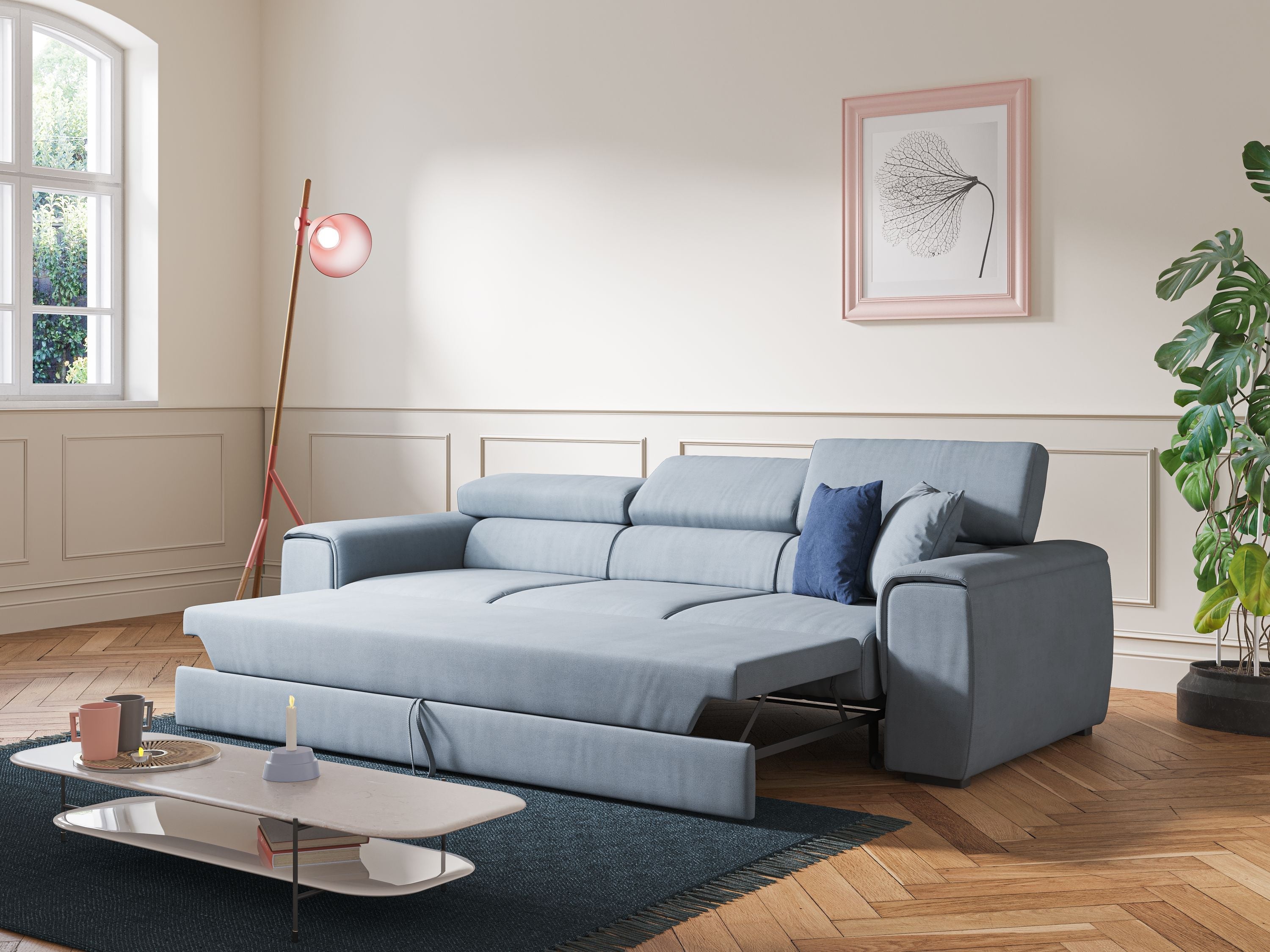 Zeno Divano con pouf estraibile poggiapiedi a 3 sedute in tessuto morbido impermeabile T02 carta da zucchero - divani.store