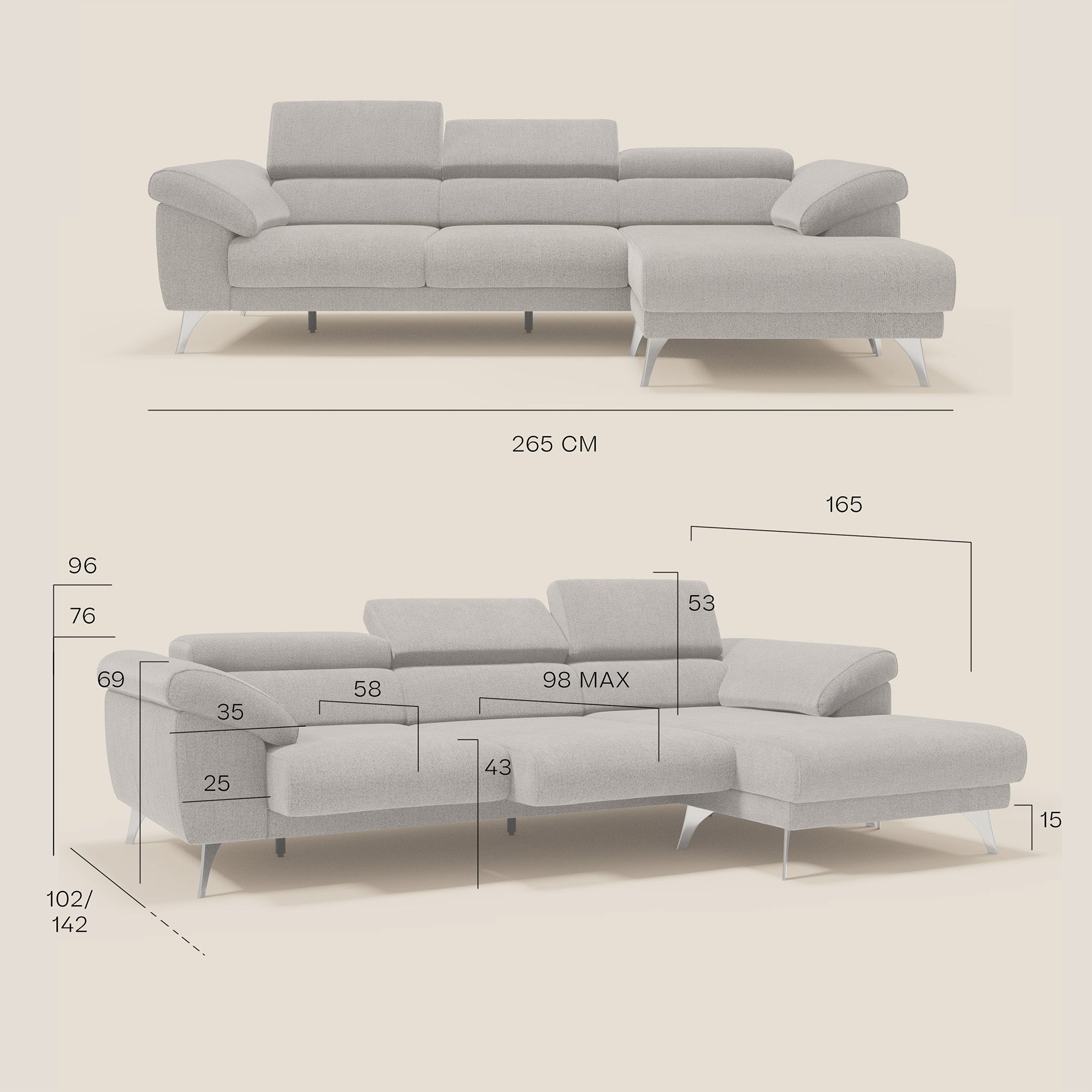 Donatello Ecksofa mit verschiebbaren Sitzen, Armlehnen mit Stauraum und Kopfstütze aus weichem, abwaschbarem Stoff T23 sonnengelb