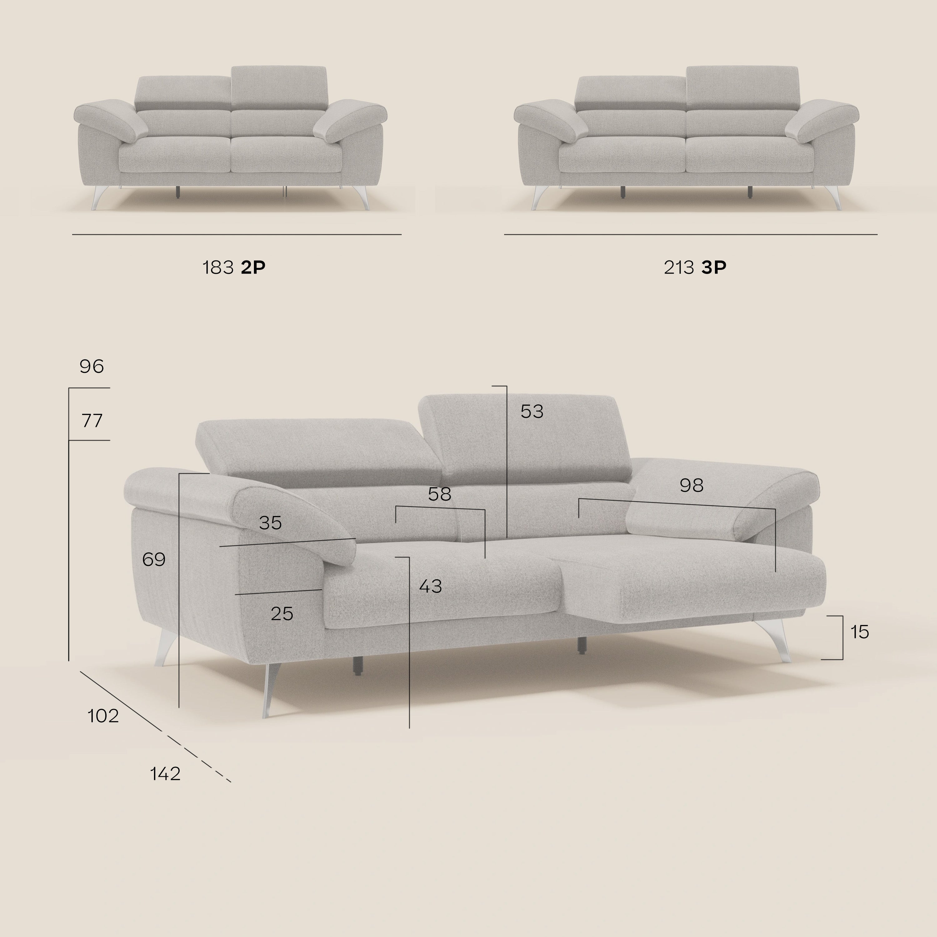 Donatello Sofa mit ausziehbaren Sitzen, Armlehnen mit Staufach und verstellbaren Kopfstützen aus abwaschbarem Stoff T23 Graphitblau