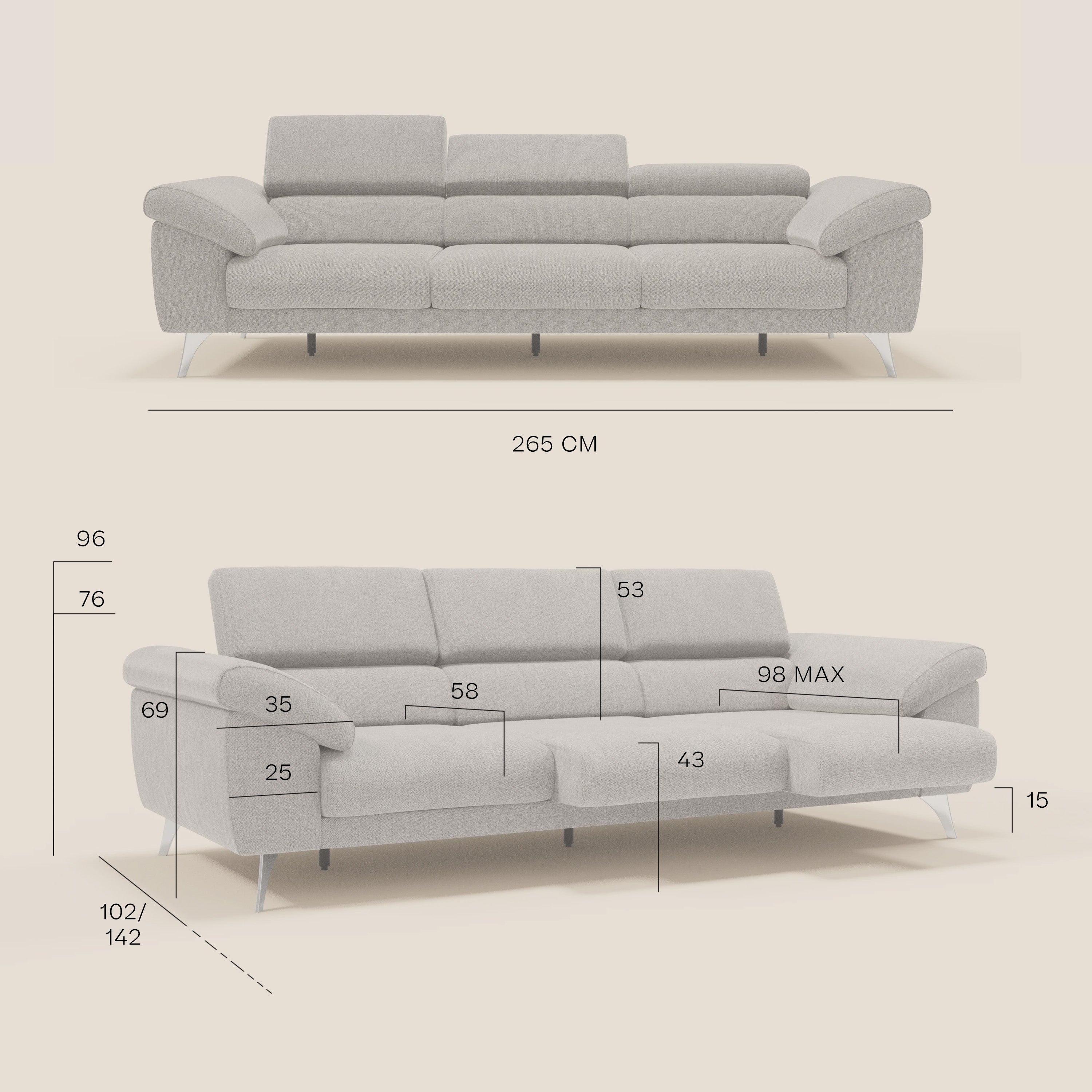 Donatello Sofa mit 3 ausziehbaren Sitzen, Armlehnen mit Staufach und verstellbaren Kopfstützen aus abwaschbarem Stoff T23 pfirsich