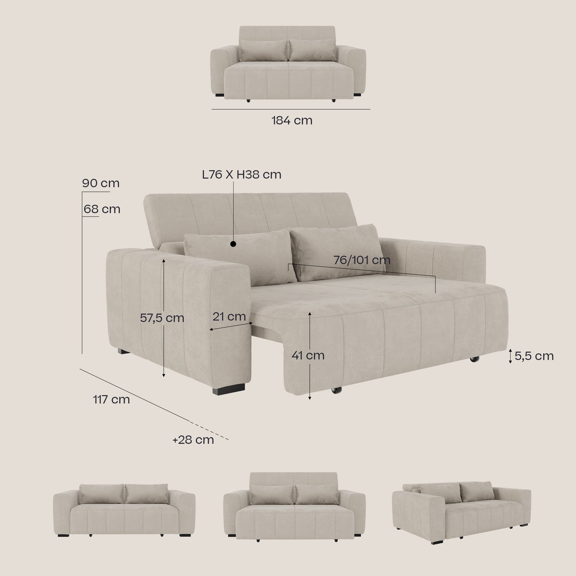 Il divano Doric 3 posti di Divani.Store è mostrato da più angolazioni con le dimensioni indicate in cm: altezza schienale 90 cm, larghezza 184 cm, profondità seduta 117 cm. Le marcature indicano i dettagli dei braccioli, dei cuscini e dei materassi; le caratteristiche includono la reclinazione elettrica e il poggiatesta reclinabile.