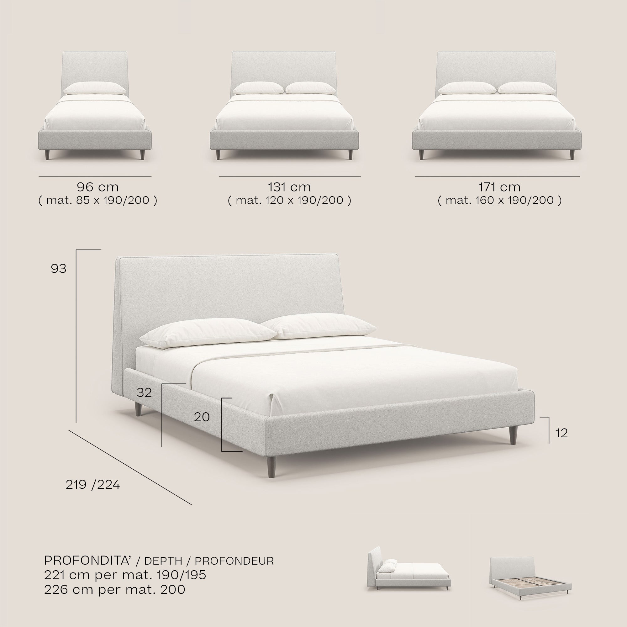 Dorotea letto imbottito con piedi in legno in morbido bouclé impermeabile T07 beige - divani.store