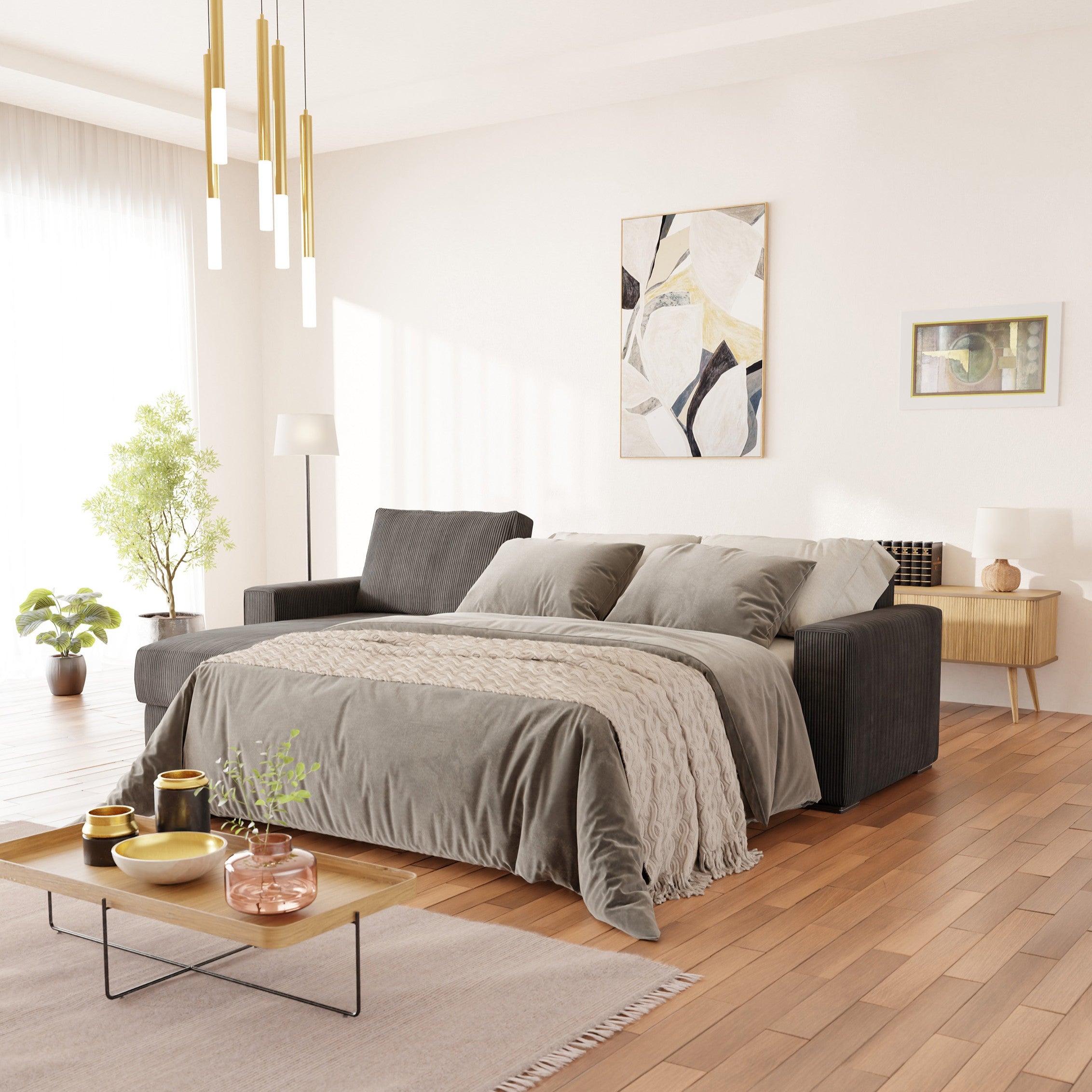 Dream Divano letto angolare dai morbidi cuscini in morbido e moderno velluto a coste - divani.store