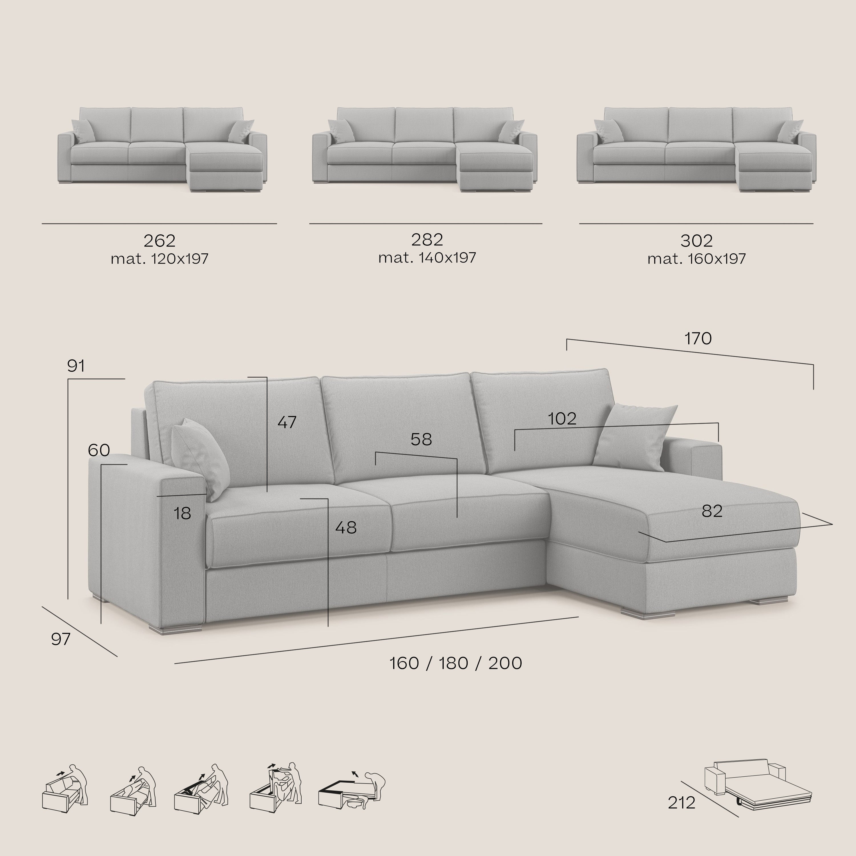 Dream Divano letto angolare in tessuto smacchiabile T05 antracite - divani.store