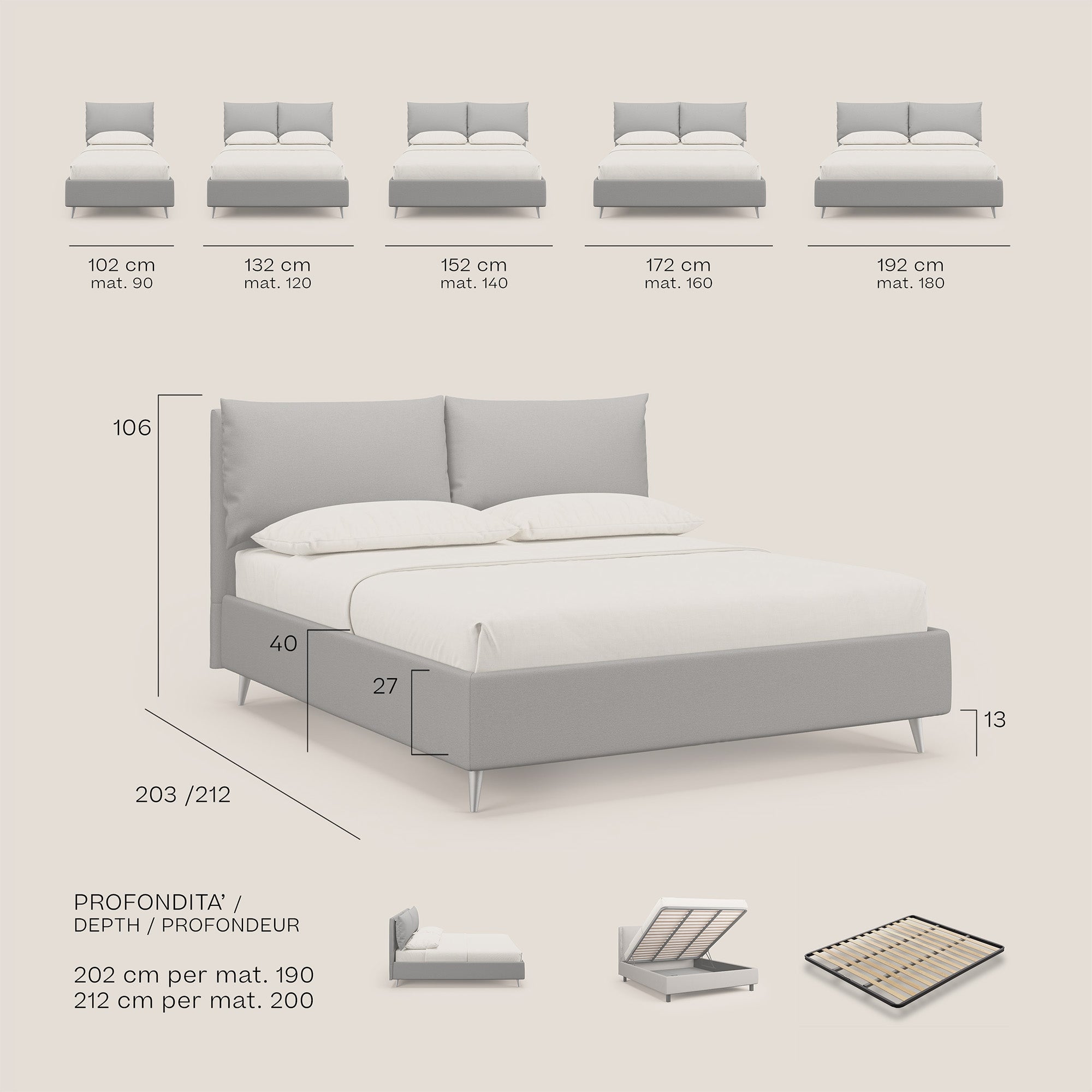 Elsa letto imbottito con vano contenitore in tessuto smacchiabile T05 grigio - divani.store