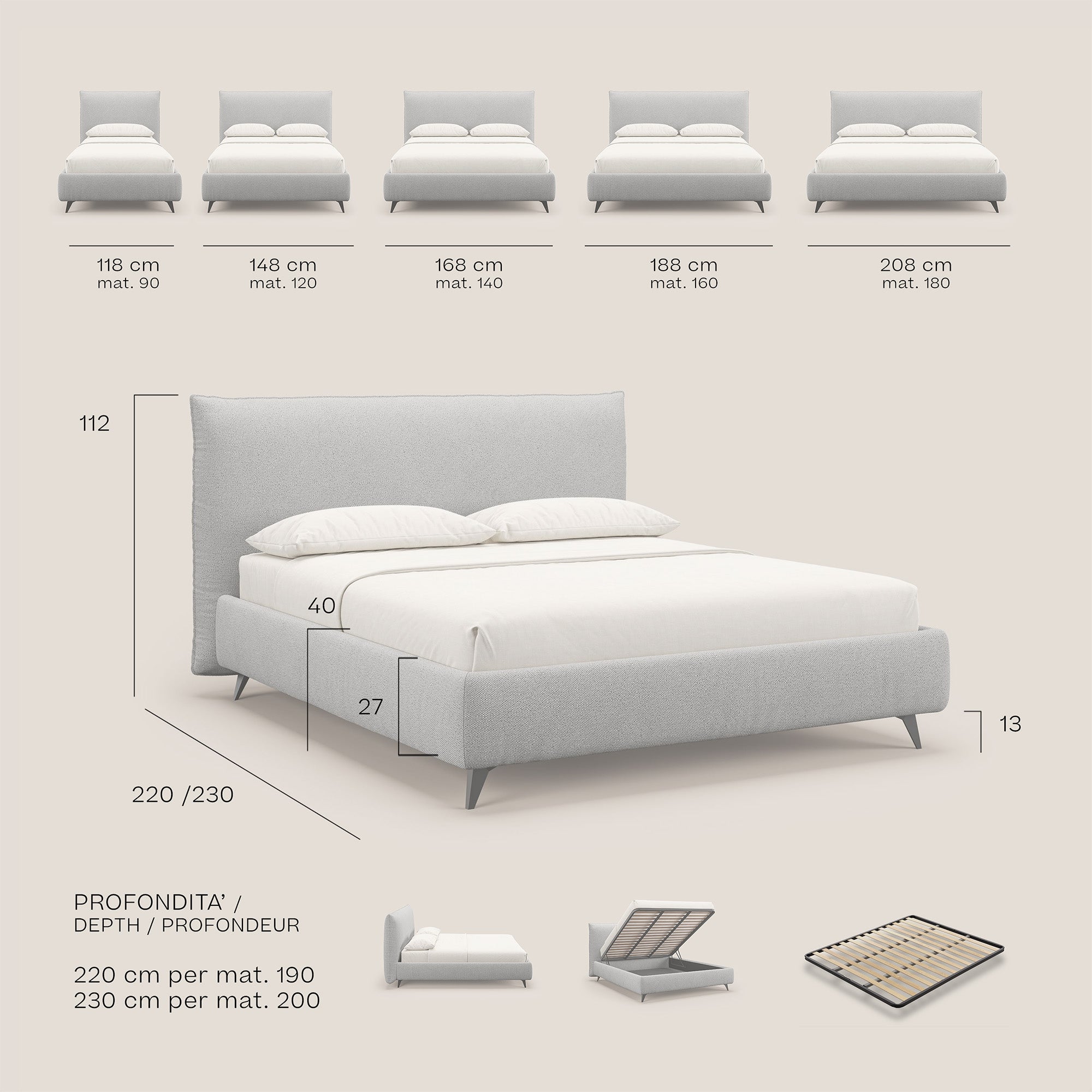 EROS letto imbottito in piuma con vano contenitore in pregiato e fresco bouclet smacchiabile T16 giallo - divani.store