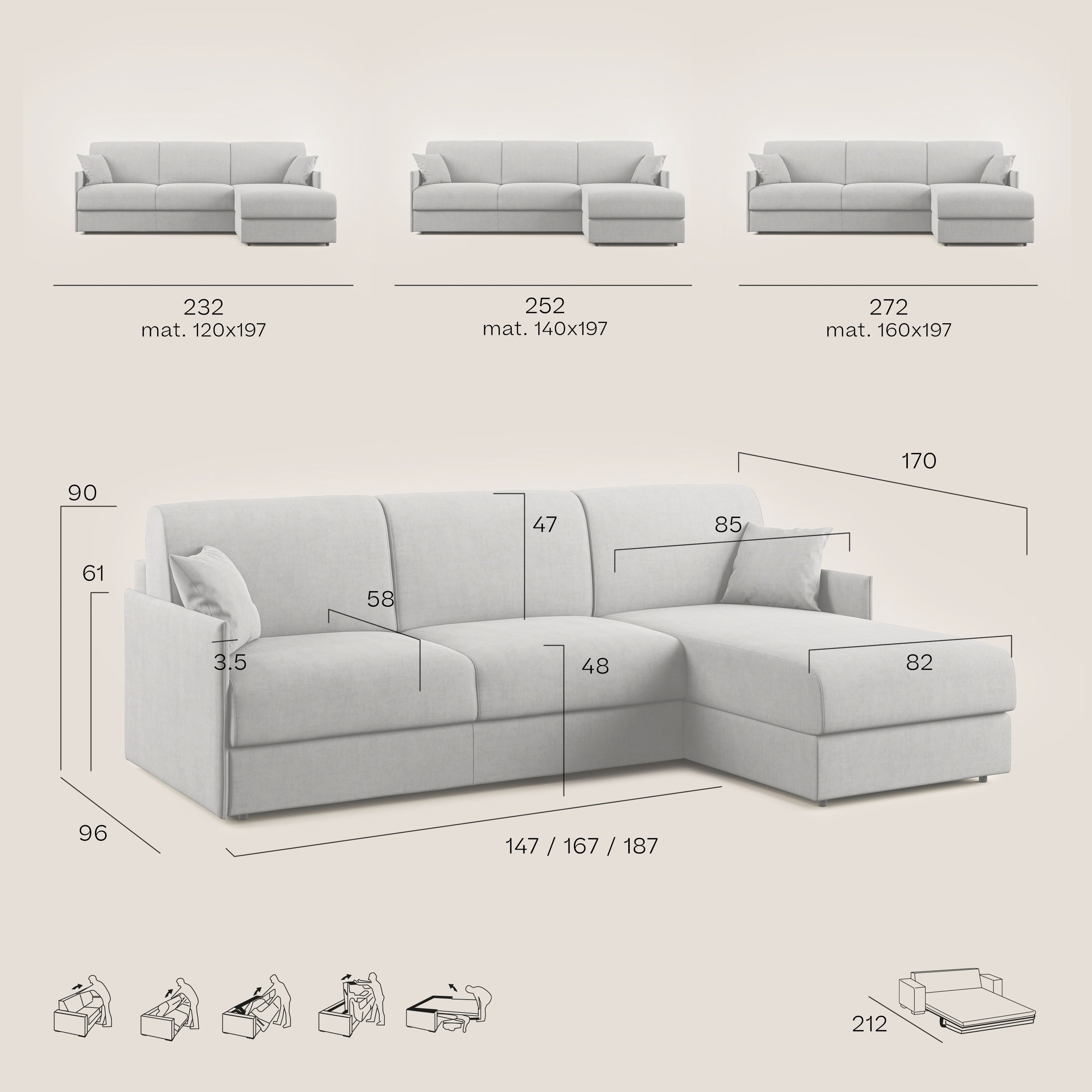 Evans Divano letto angolare con penisola in morbido tessuto impermeabile T02 grigio - divani.store