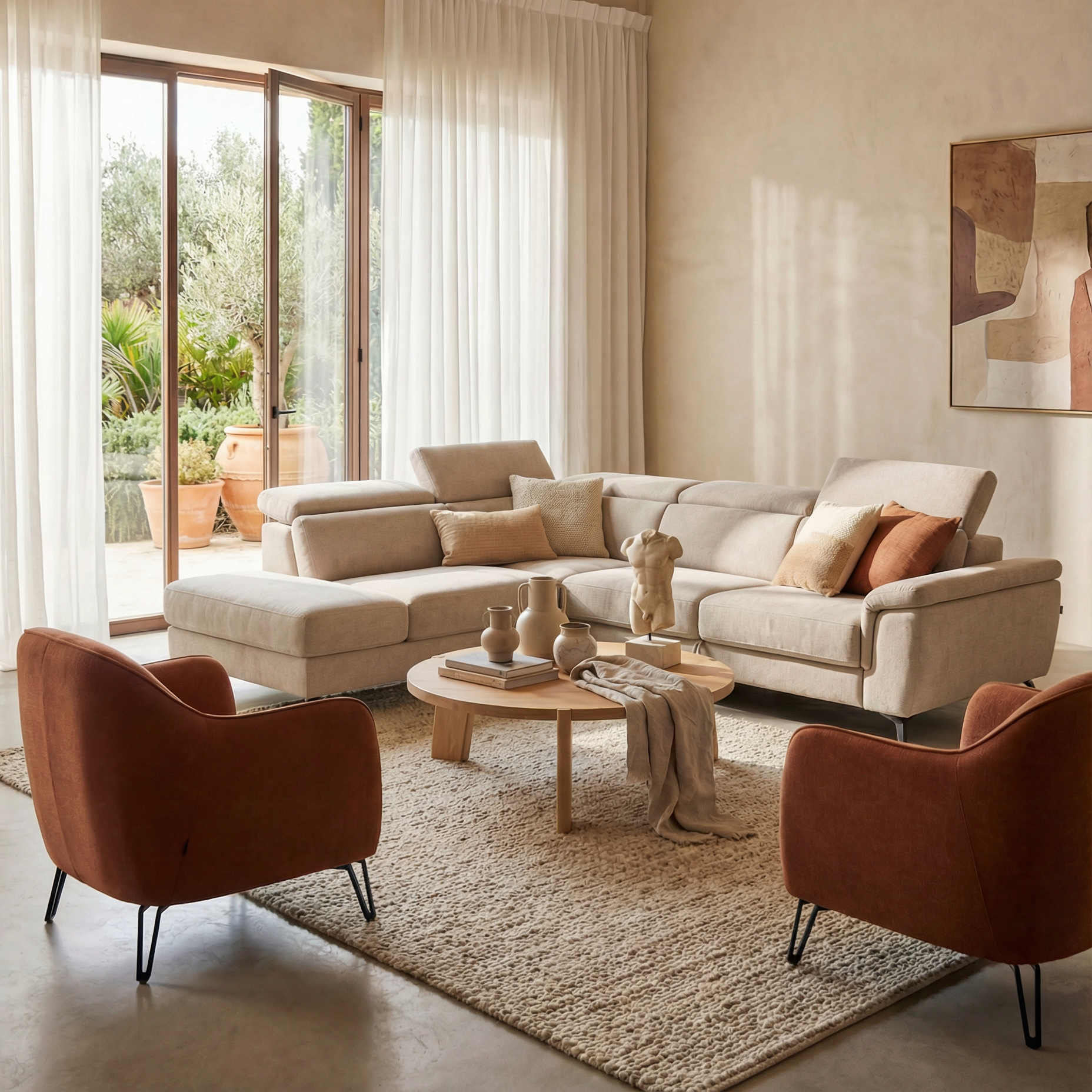 Un soggiorno moderno è caratterizzato dall'angolare estraibile Estro Divano di Divani.Store in T14 panna, abbinato a poltrone color ruggine, a un tavolino in legno chiaro con vasi e a un tappeto strutturato. Grandi porte in vetro riempiono lo spazio di luce naturale e mettono in mostra il giardino.