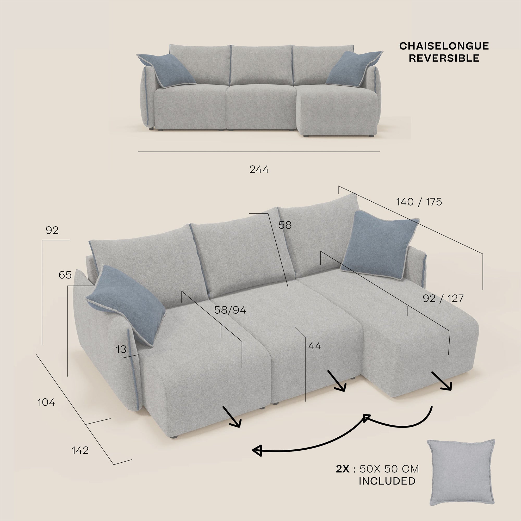 Flexar wendbares Ecksofa mit ausziehbaren Sitzen aus weichem wasserfestem bouclé T07 grau