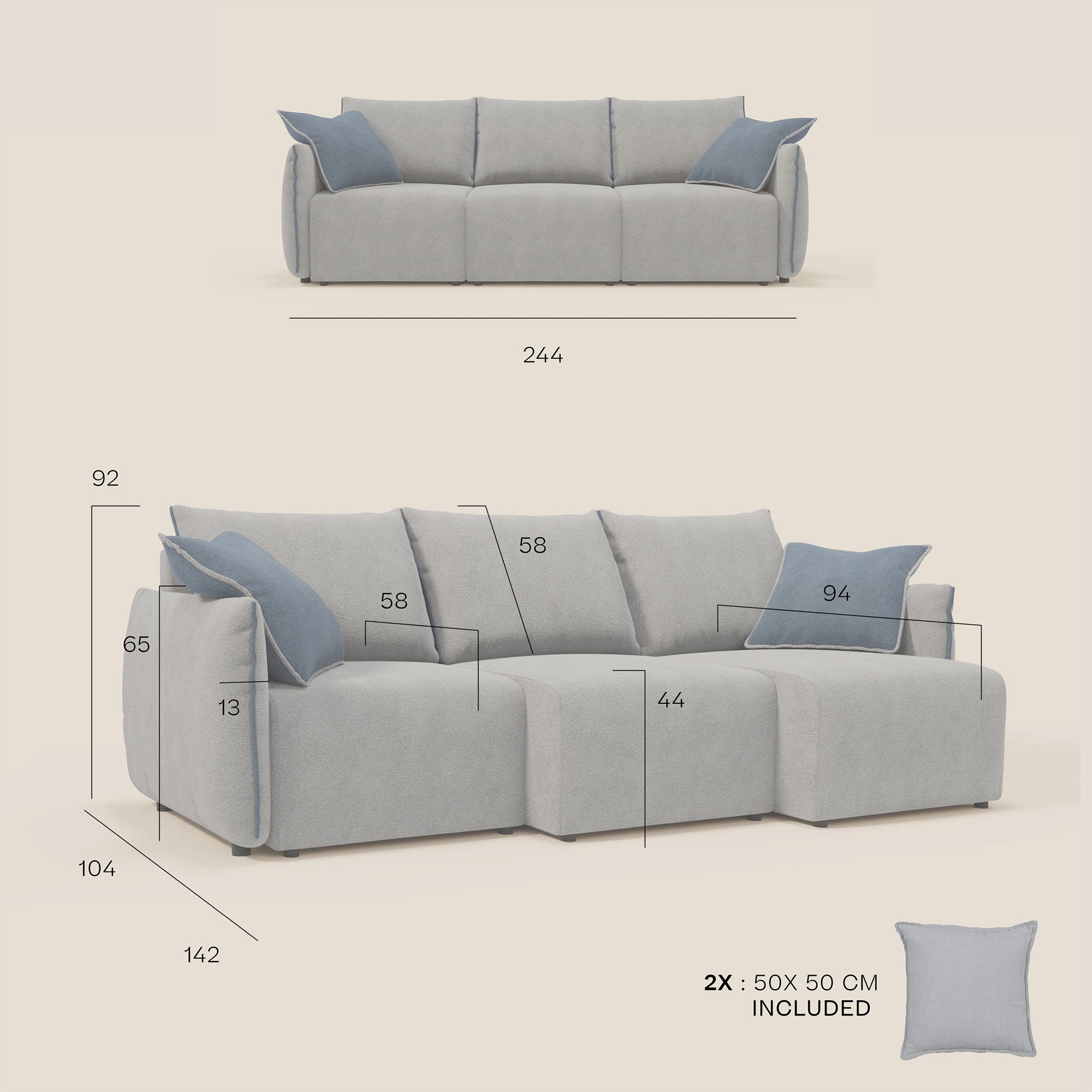 Flexar Sofa mit 3 ausziehbaren Sitzen und Rückenlehne aus Gänsedaunen aus weichem, wasserfestem Bouclé T07 grau - blau