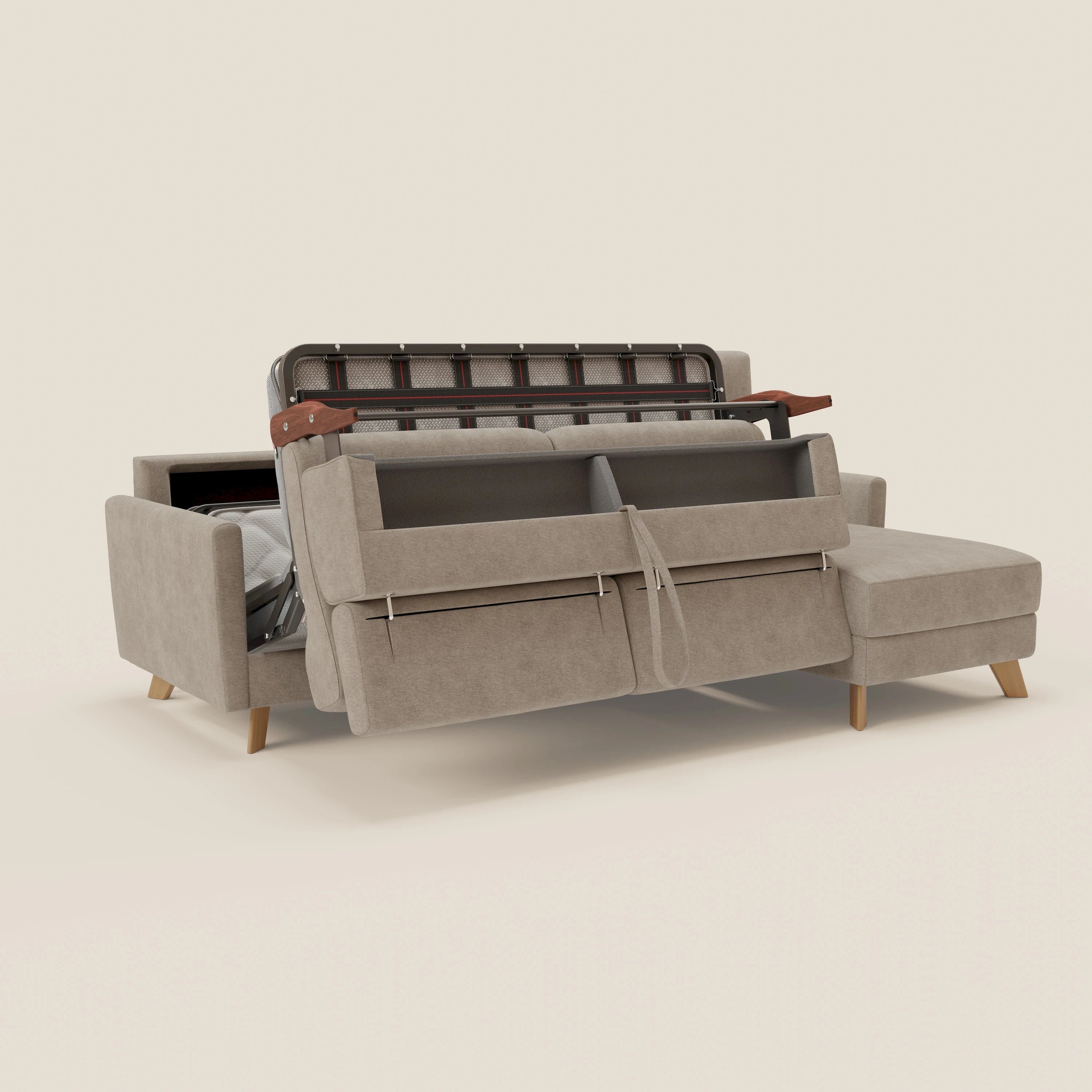 Francy Eckschlafsofa mit abnehmbarem Bezug - Stauraumhalbinsel und verstellbare Kopfstützen aus abwaschbarem Stoff T17 beige