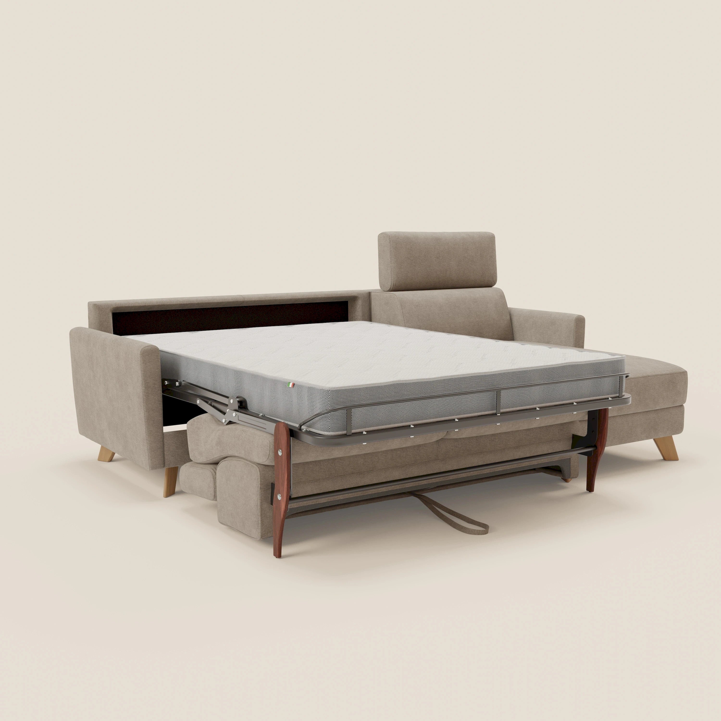 Francy Eckschlafsofa mit abnehmbarem Bezug - Stauraumhalbinsel und verstellbare Kopfstützen aus abwaschbarem Stoff T17 beige