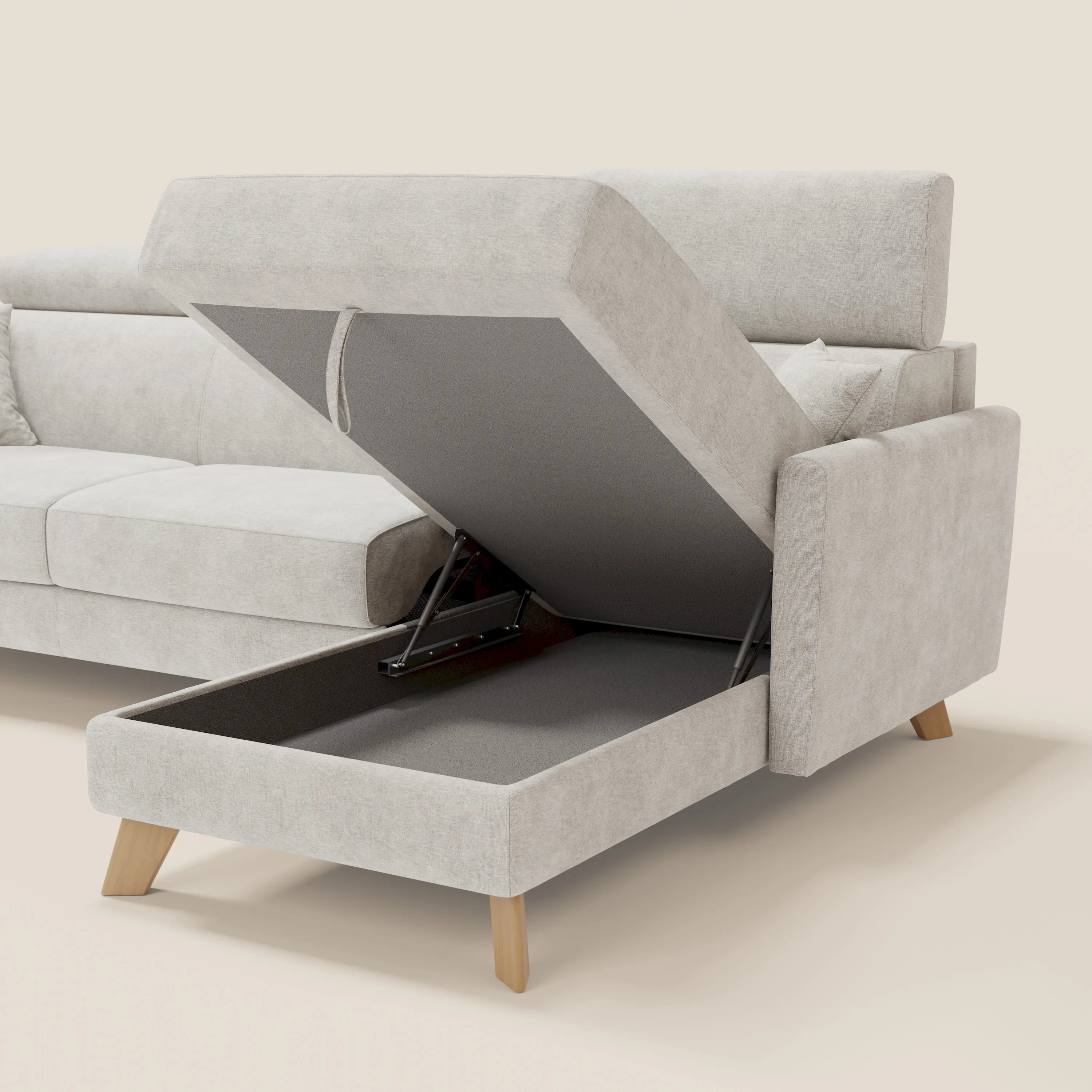 Il divano letto angolare sfoderabile Francy di Divani.Store, in tessuto smacchiabile T17 bianco, è dotato di un vano portaoggetti nascosto sotto la poltrona e di poggiatesta regolabili, che uniscono il comfort intelligente allo stile nordico senza tempo.