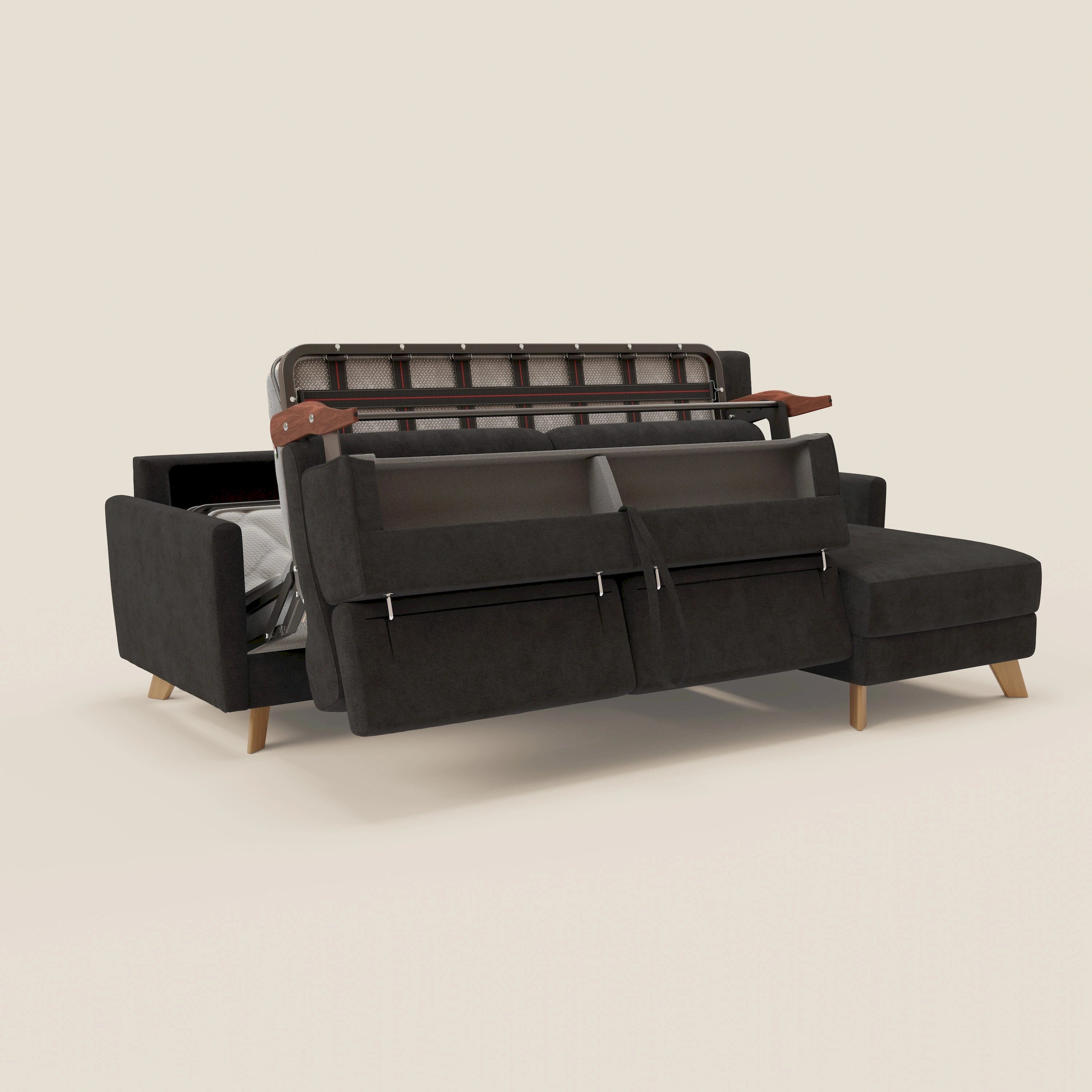 Il divano letto angolare sfoderabile Francy di Divani.Store, presentato in tessuto antimacchia nero T17, è caratterizzato da una chaise longue destra con contenitore, gambe in legno, braccioli, poggiatesta reclinabili e un sottile stile nordico su sfondo beige.