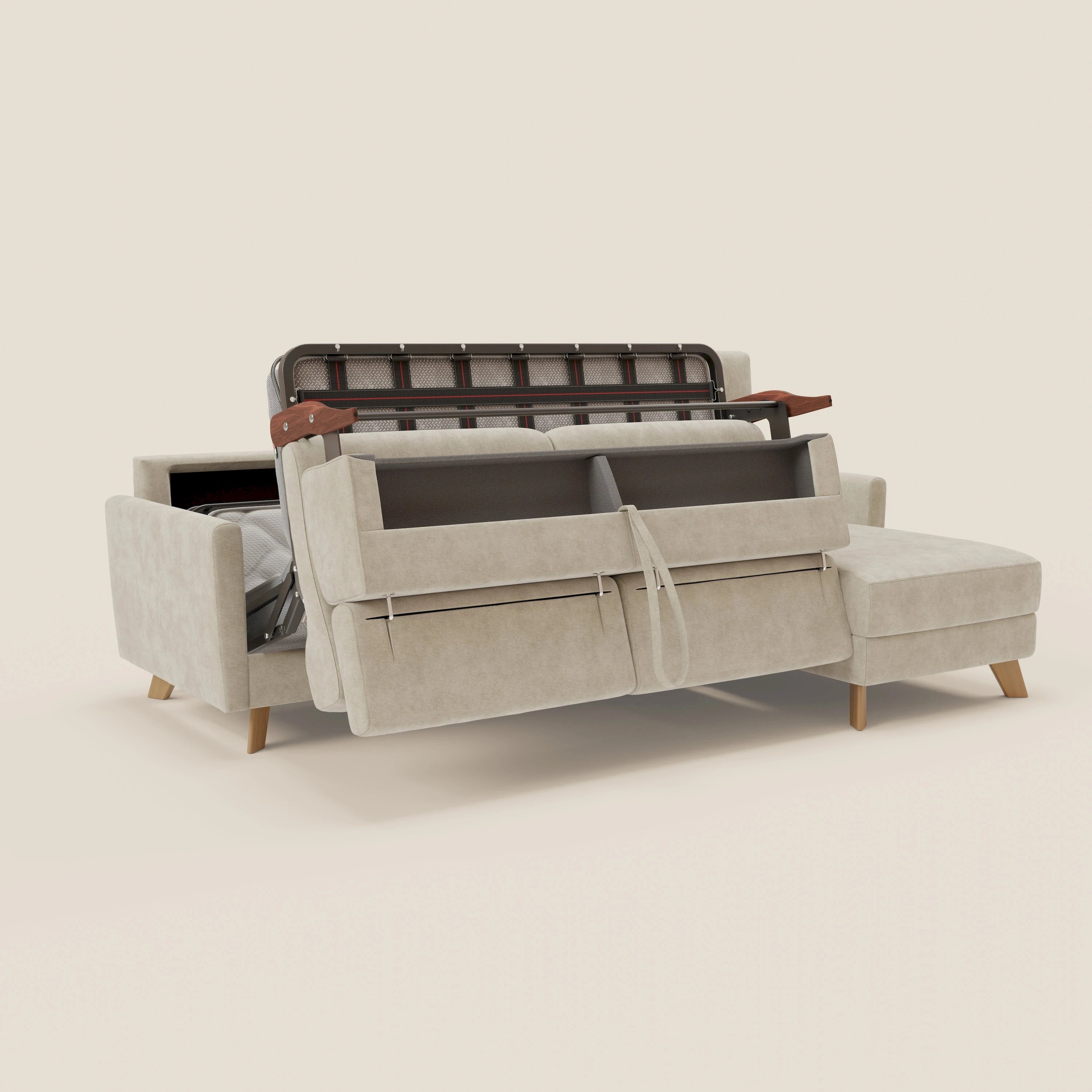 Francy Eckschlafsofa mit abnehmbarem Bezug - Stauraumhalbinsel und verstellbare Kopfstützen aus abwaschbarem Stoff T17 sahne