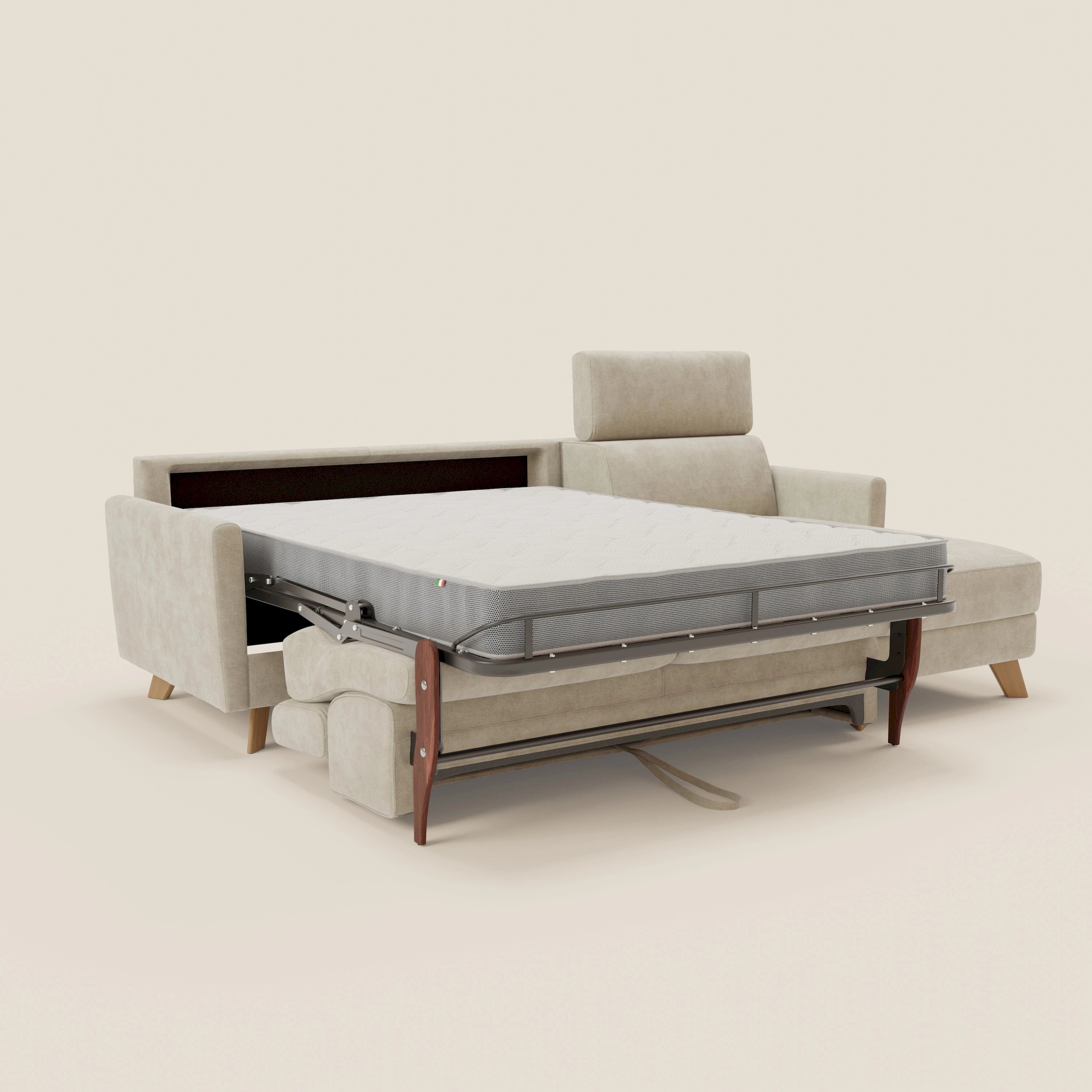 Francy Eckschlafsofa mit abnehmbarem Bezug - Stauraumhalbinsel und verstellbare Kopfstützen aus abwaschbarem Stoff T17 sahne