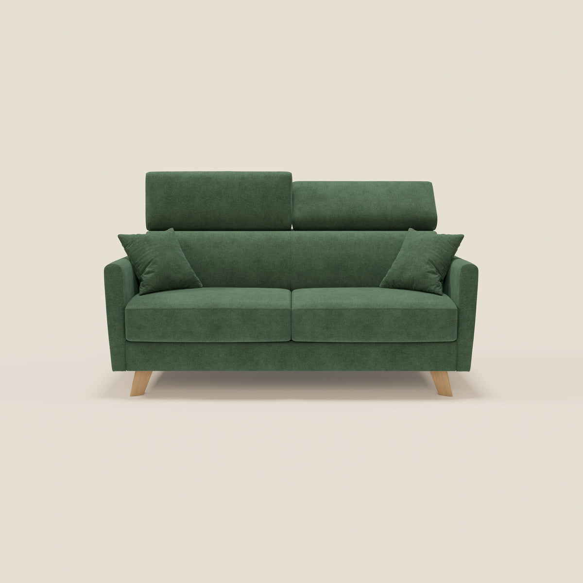 Al centro di uno sfondo bianco sporco a tinta unita, il divano letto matrimoniale Francy di Divani.Store si distingue per il suo design contemporaneo, realizzato in tessuto T17 “carta da zucchero” — impermeabile e antimacchia — con due cuscini di seduta, schienali regolabili a doppia altezza, due cuscini decorativi abbinati ed eleganti gambe in legno. Questo divano letto da 180 cm di fabbricazione italiana (con materasso da 140x197 cm) coniuga lo stile moderno con la praticità quotidiana.