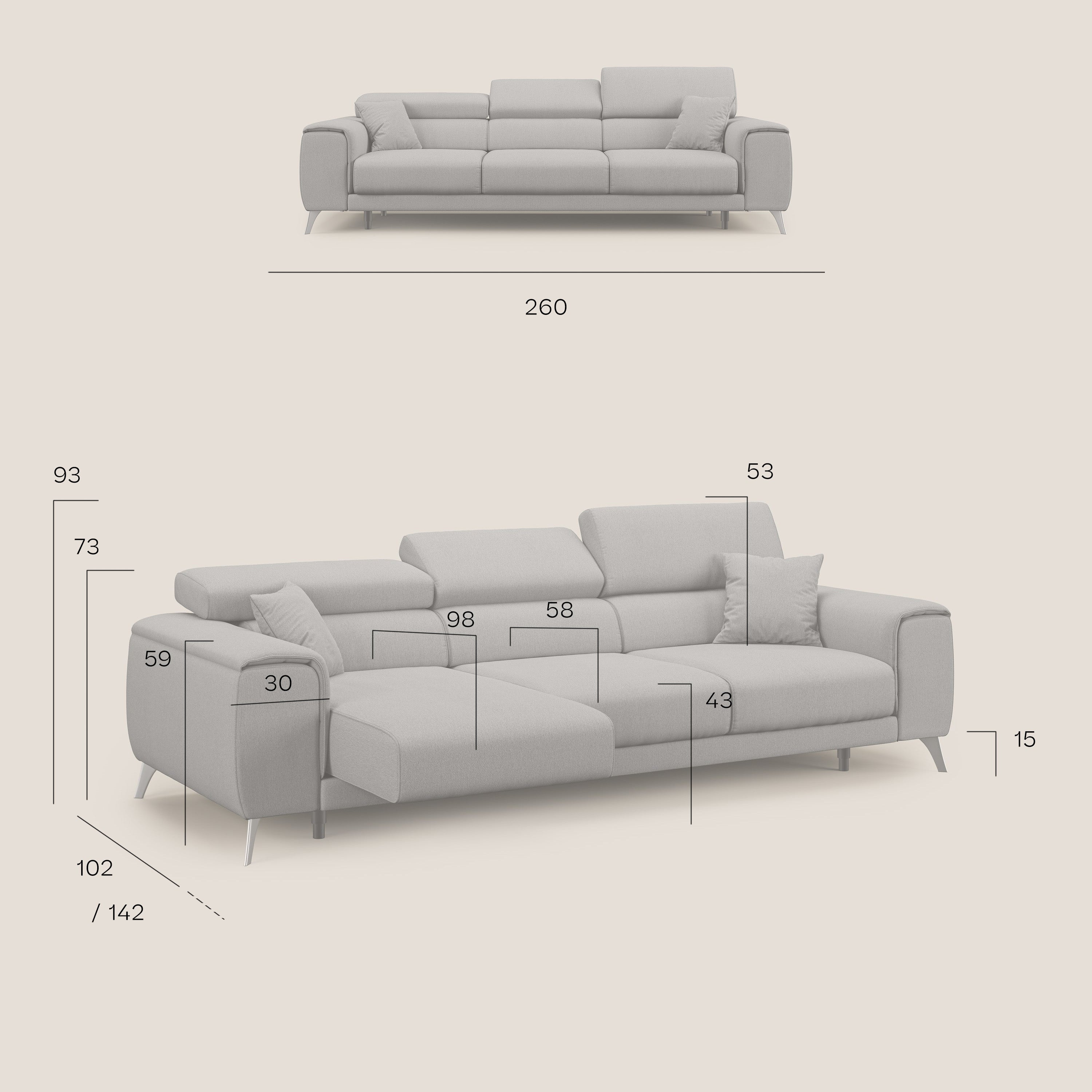 Fusion divano con 3 sedute allungabili in tessuto smacchiabile T05 panna - divani.store