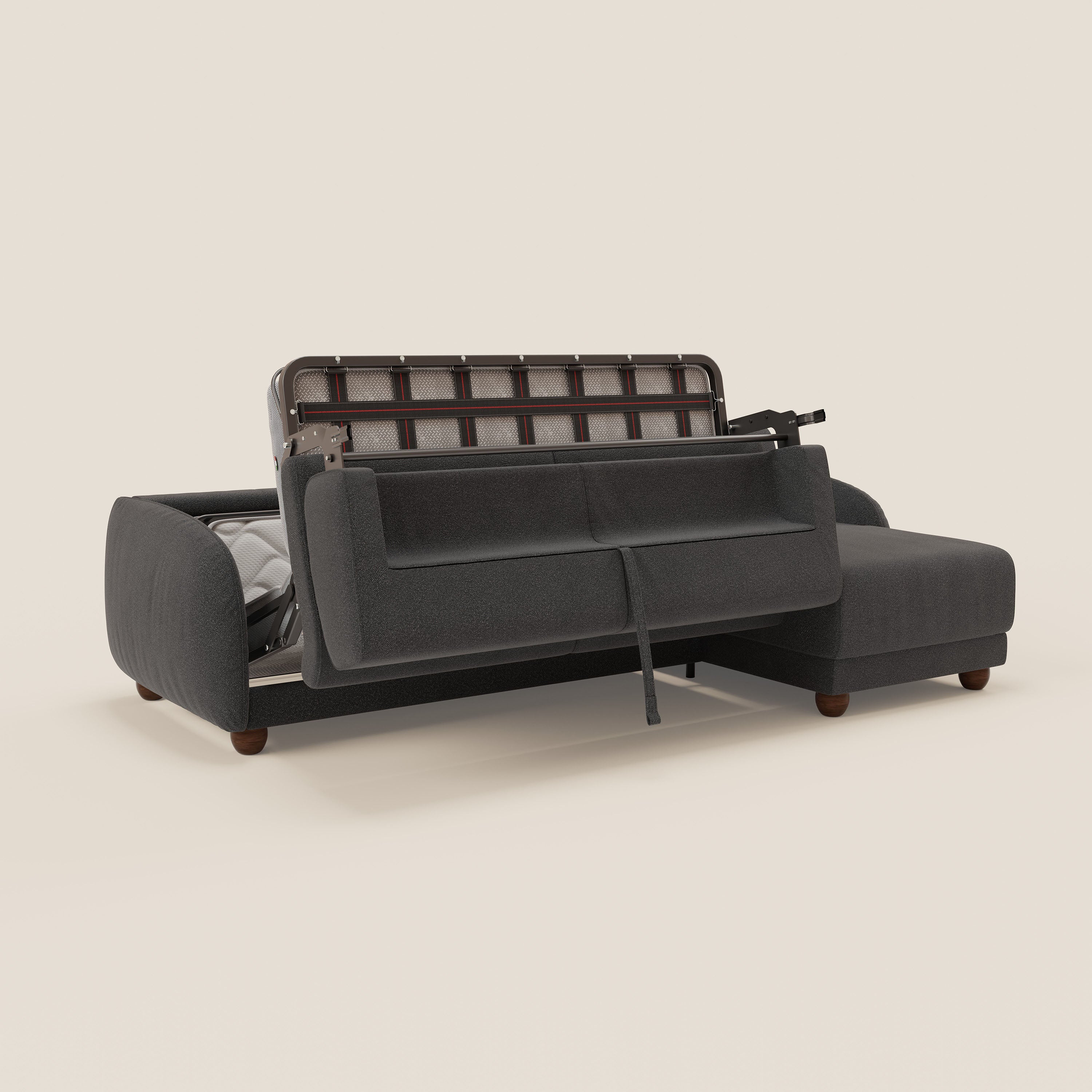 Giglio divano letto angolare con materasso alto 18 cm e penisola contenitore in morbido bouclé impermeabile T07 - divani.store