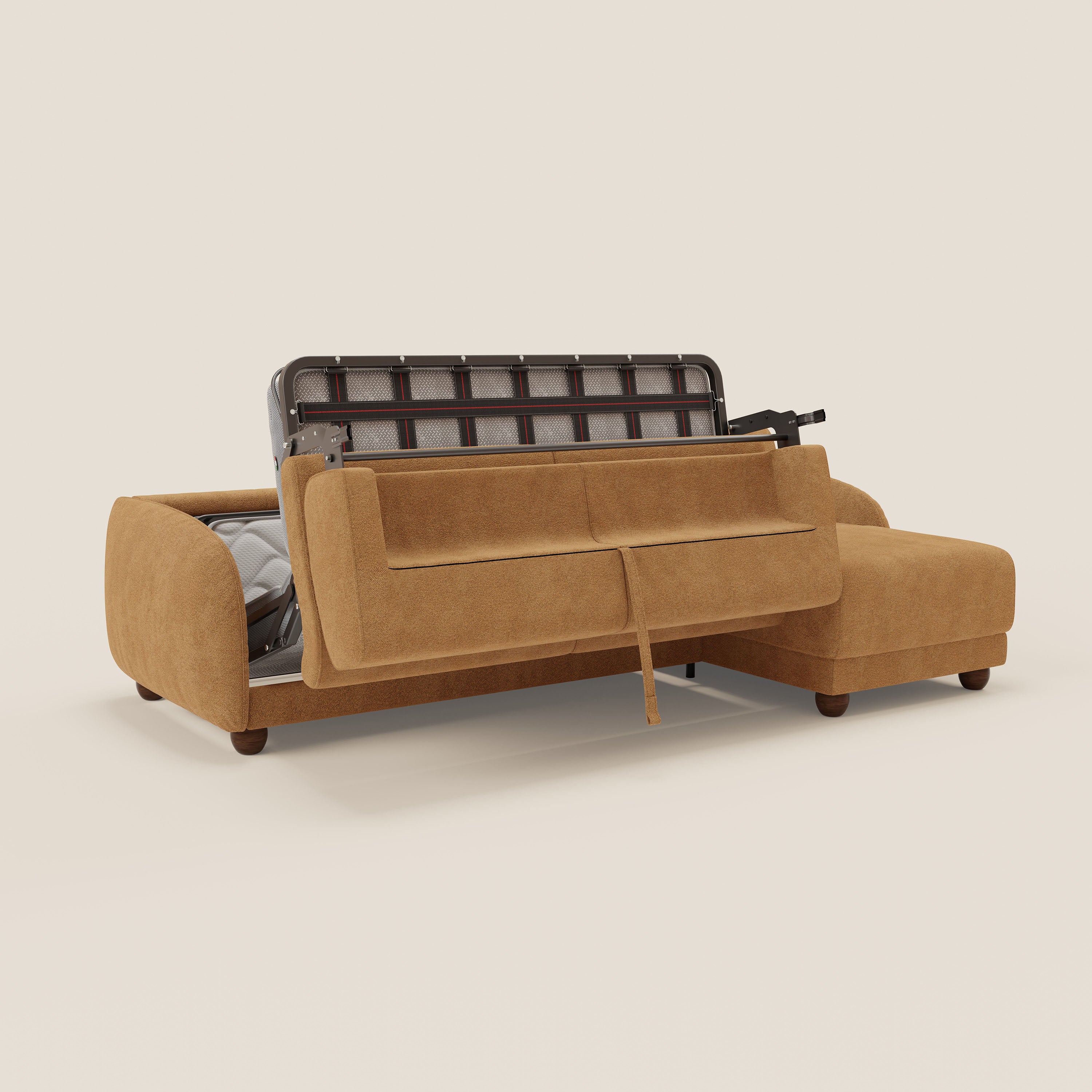 Giglio divano letto angolare con materasso alto 18 cm e penisola contenitore in morbido bouclé impermeabile T07 - divani.store