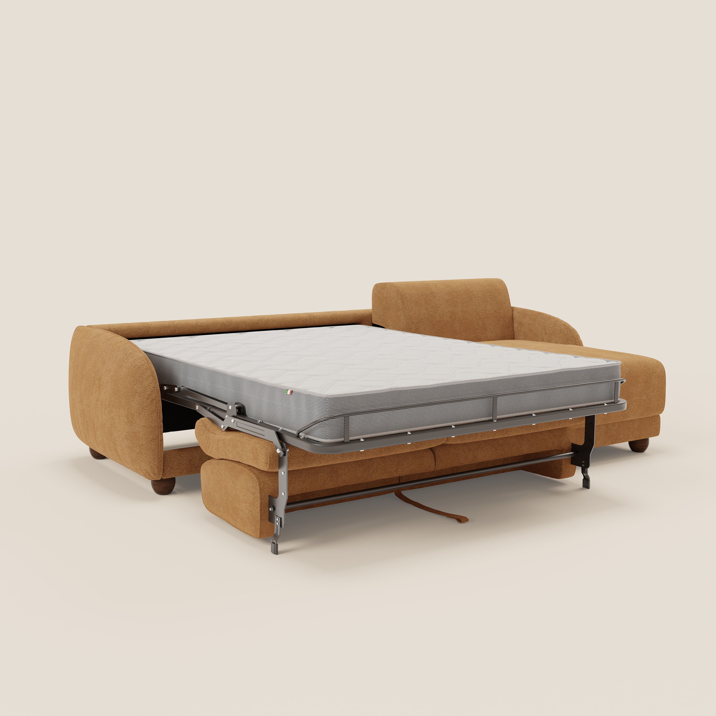 Giglio divano letto angolare con materasso alto 18 cm e penisola contenitore in morbido bouclé impermeabile T07 - divani.store